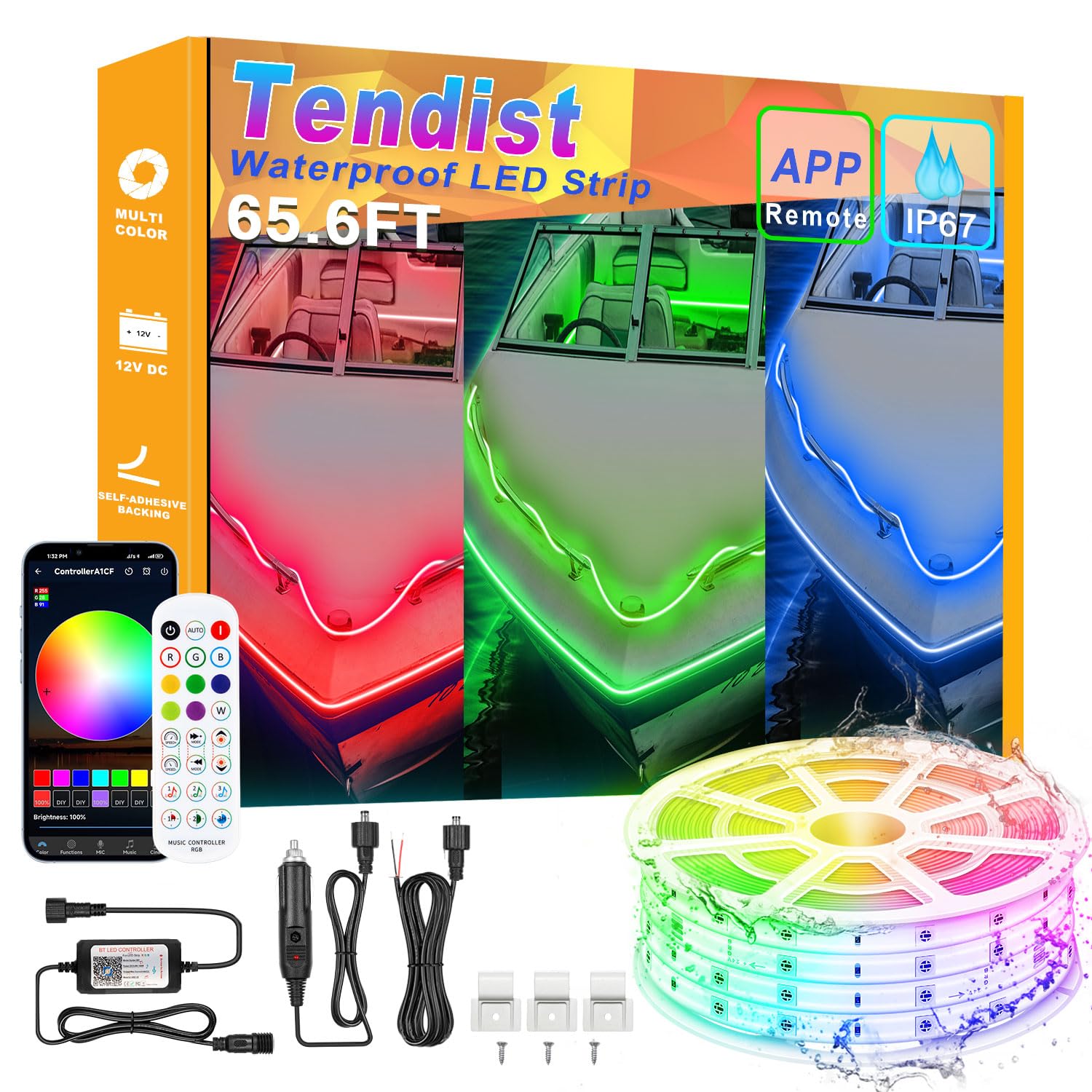 TENDIST LED Waterproof Boat Lights Strip, 65.6FT RGB Multicolor, IP67 Marine Lighting, Model J-5050RGB-30