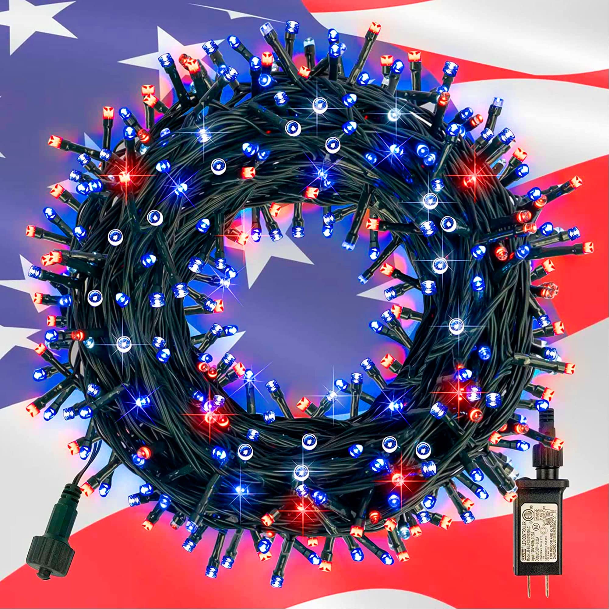 TW SHINE 200 LED Christmas Lights, Waterproof 66 FT Red White and Blue 4th of July String Lights, Model HB-200COI