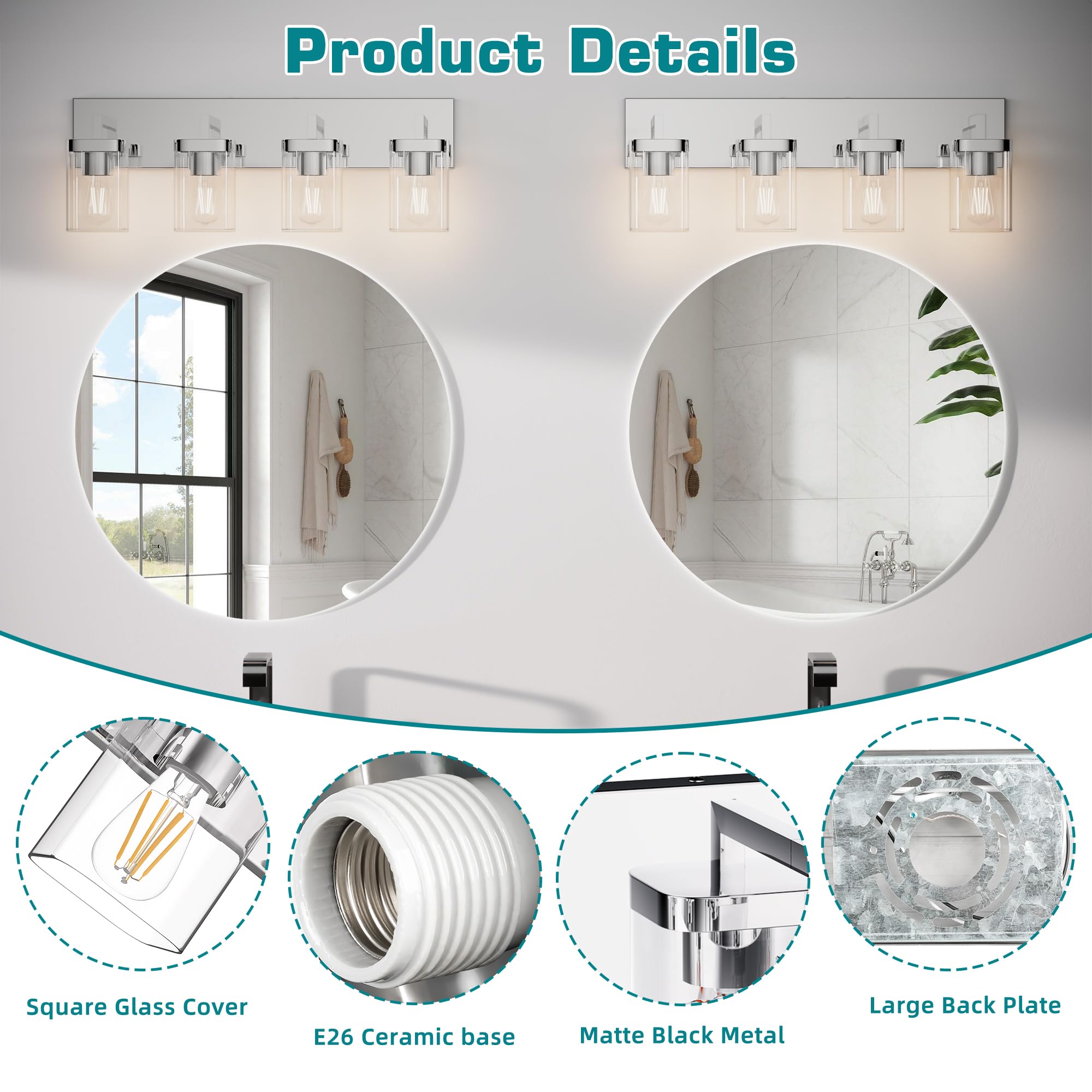 Danshinro Chrome Bathroom Vanity Light, Square Design 4 Lights Morden Bathroom Lighting Fixtures Over Mirror, Bathroom Vanity Li