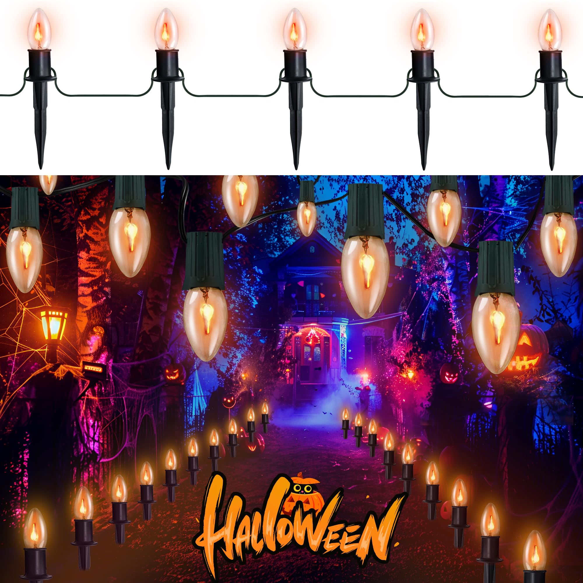 Tioriy 24.2Ft Flickering Flame Pathway Halloween Lights Decoration Outdoor, C9 String Lights Halloween Decor With Stakes, Waterproof 20 Flicker Lights For Garden, Party, Green Wire