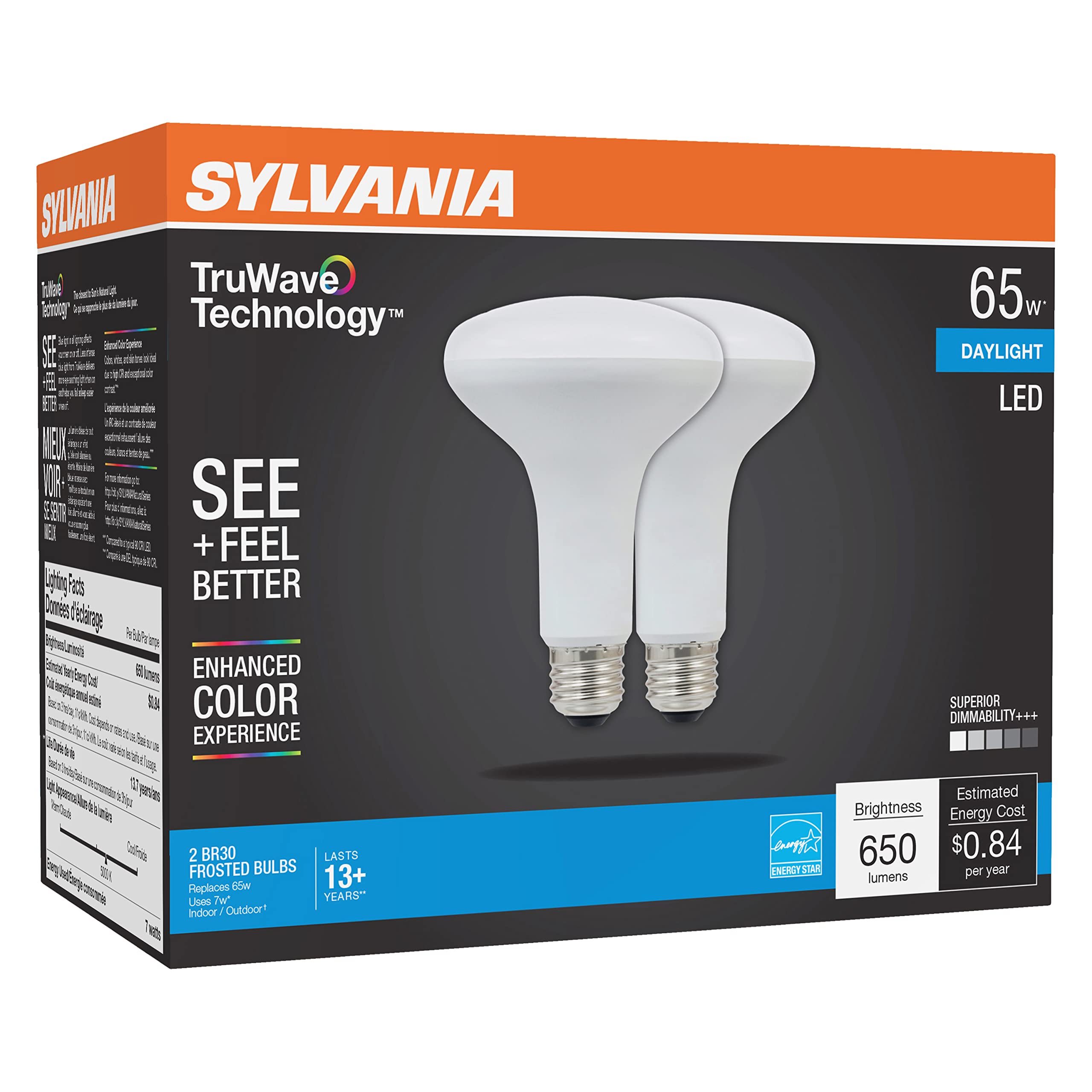 LEDVANCE Sylvania LED TruWave BR30 Light Bulb 65W Equivalent 7W Dimmable 5000K Daylight 2 Pack White Model 40730