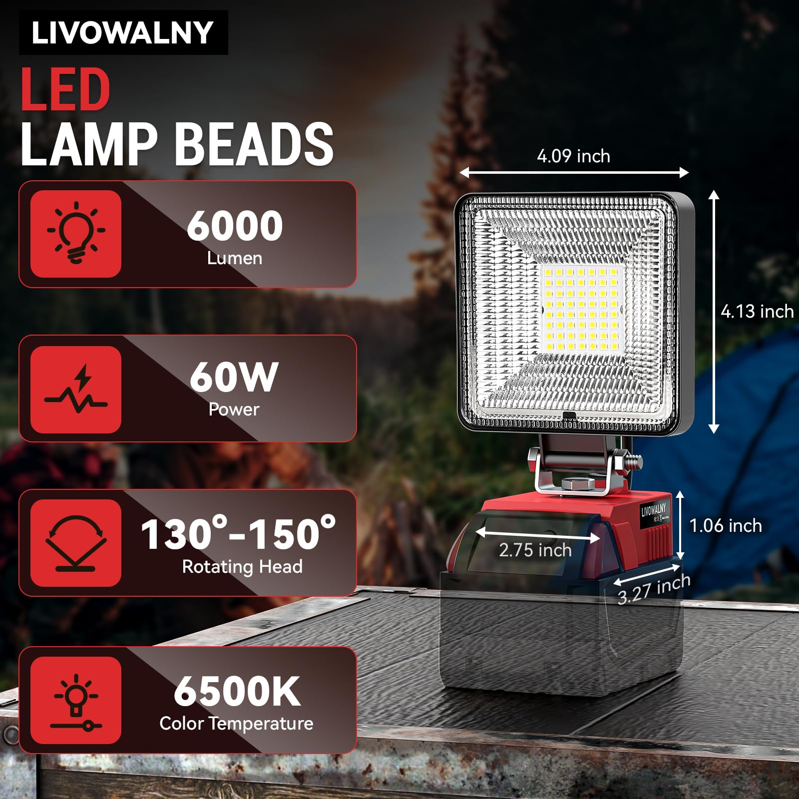2 Pcs Cordless Led Work Light For Milwaukee 18V Battery, 60W 6000Lm Battery Light For Milwaukee 18V Tools, Portable Flood Light