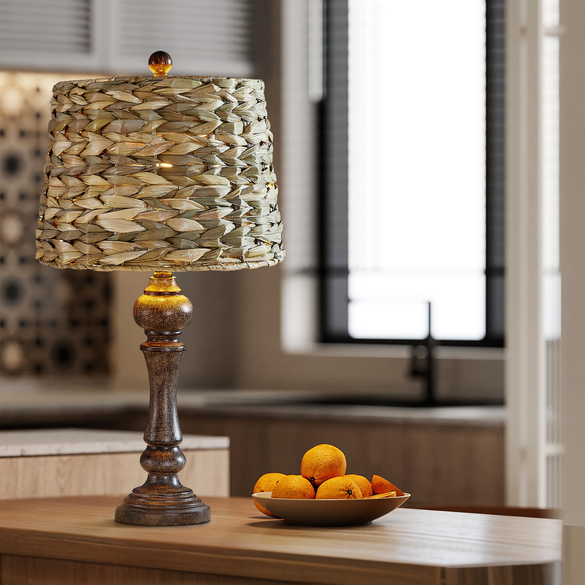 Maxax 26'' Farmhouse Table Lamps Set Of 2 For Living Room, Rustic Resin Bedside Lamp With Woven Rattan Shade, Boho Rattan Bedroo