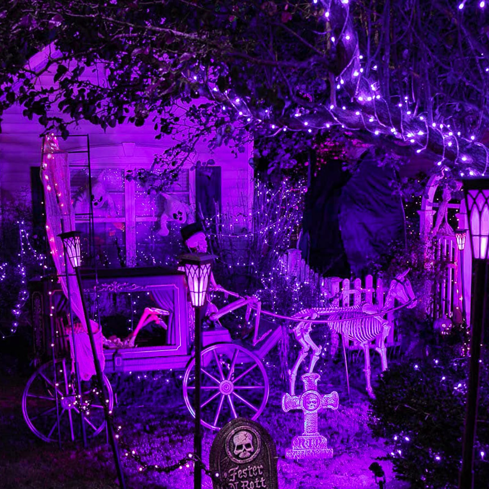 JMEXSUSS Solar Fairy String Lights, 200 LED, 66ft, 8 Modes, Copper Wire, Purple, 2 Pack for Christmas, Garden, Party Decorations