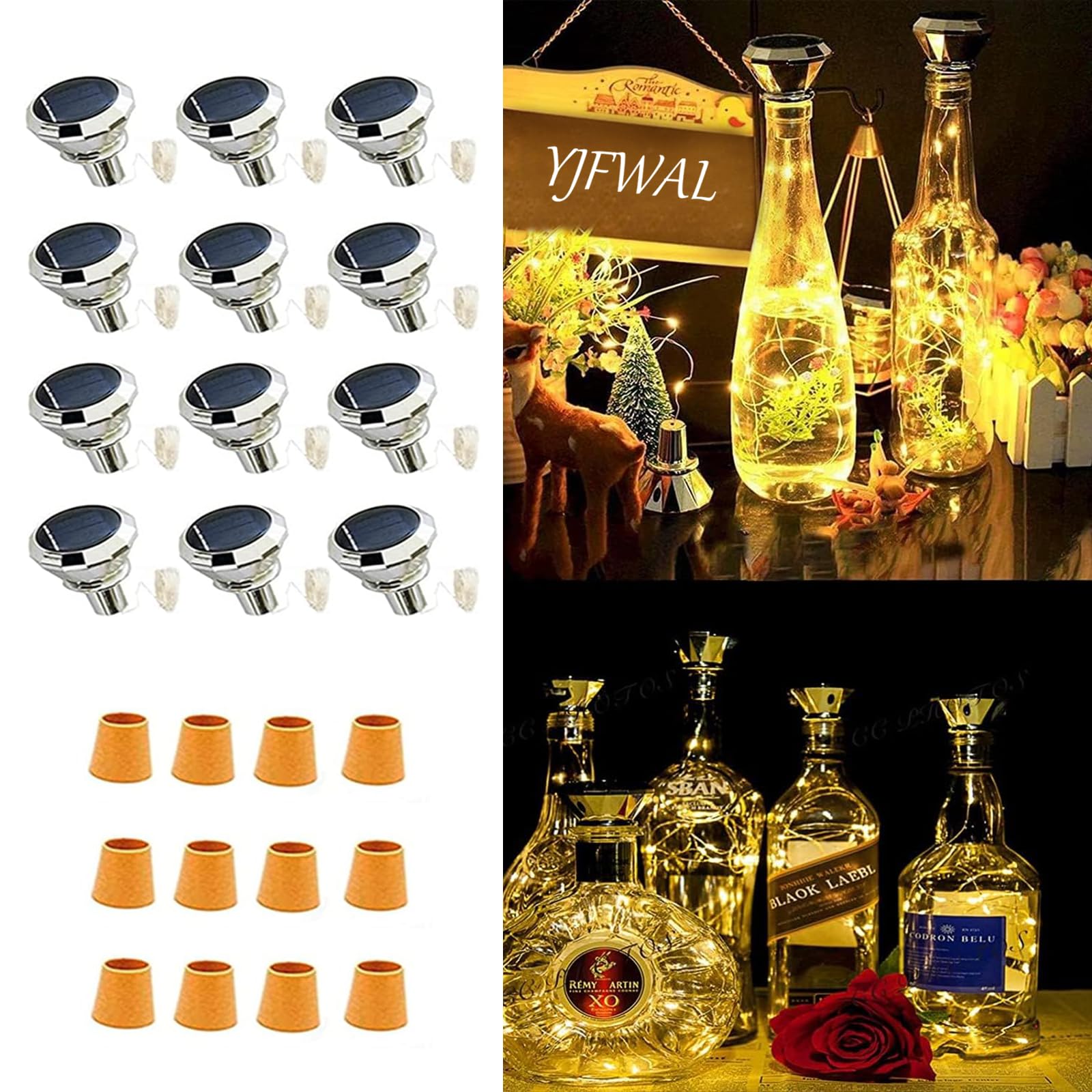 YJFWAL 2024 Upgraded 12 Pack Diamond Solar Wine Bottle Lights,20 LED Solar Operated Mini Copper String Lights for Wine Bottles with Cork Christmas, Outdoor, Wedding Deco, Halloween Deco(Warm White)