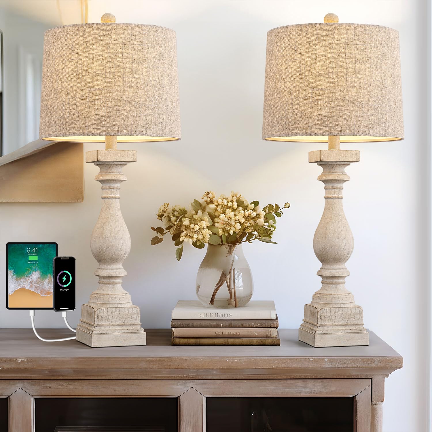 BOBOMOMO 27in Table Lamp Set of 2 with USB C+A Ports, Antique Resin, Washed White, Beige Rotary Switch, Model AMZ-T279USB-WW