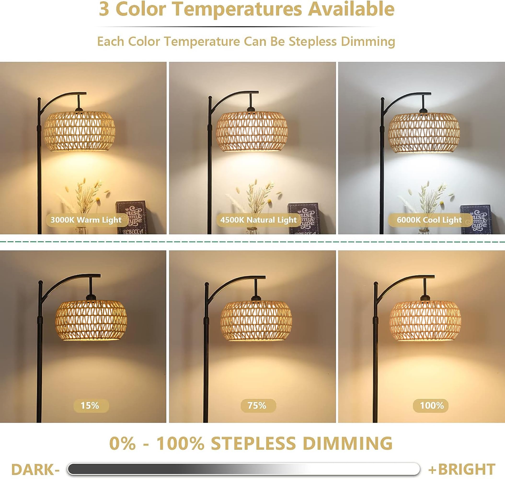 Arc Rattan Floor Lamp For Living Room With 3 Color Temperatures,Farmhouse Floor Lamps With Remote & Dimmable Bulb,Boho Standing