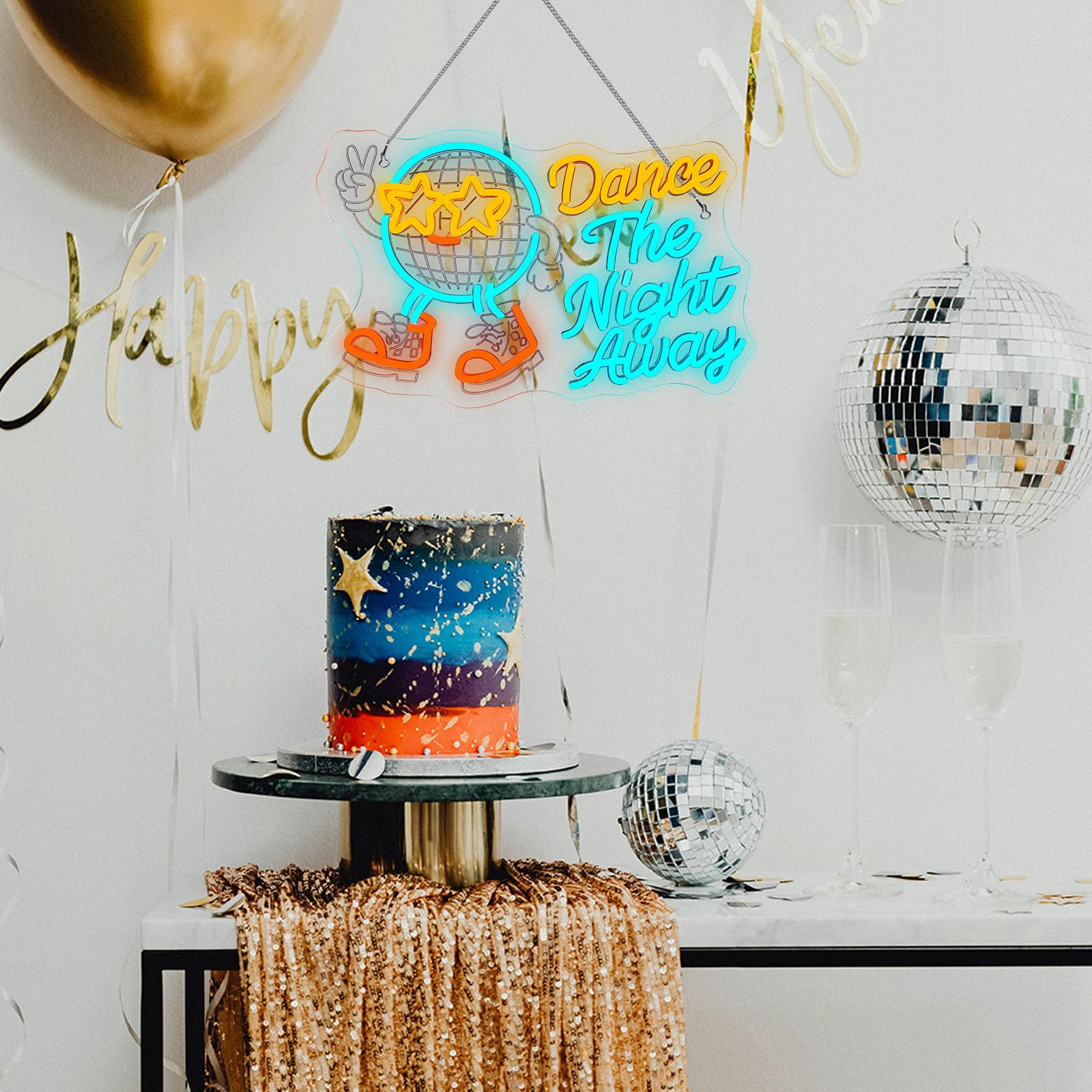 Wanxing Neon Sign - Dance The Night Away Disco Ball Light, Dimmable LED, 12in W x 15.54in L, Retro Design for Parties and Decor