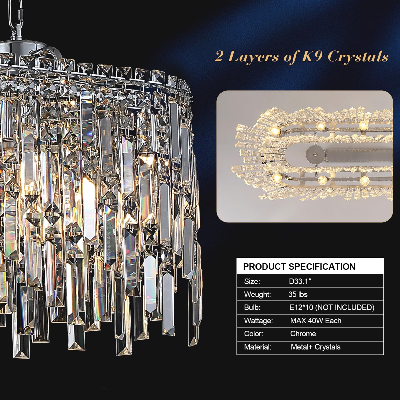 A AXILIXI Rectangular Crystal Chandelier, Modern Chrome Pendant Light, 33” L, Linear Design for Dining Room & Kitchen Island