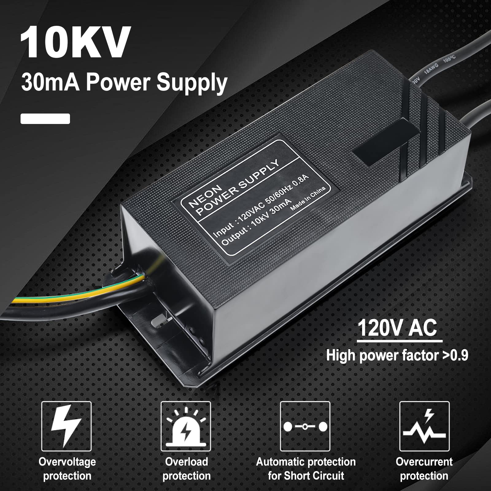 Yaeccc Power Supply for Glass Neon Signs - 10KV 30mA Transformer, 120V AC, Black, Model AB-0408