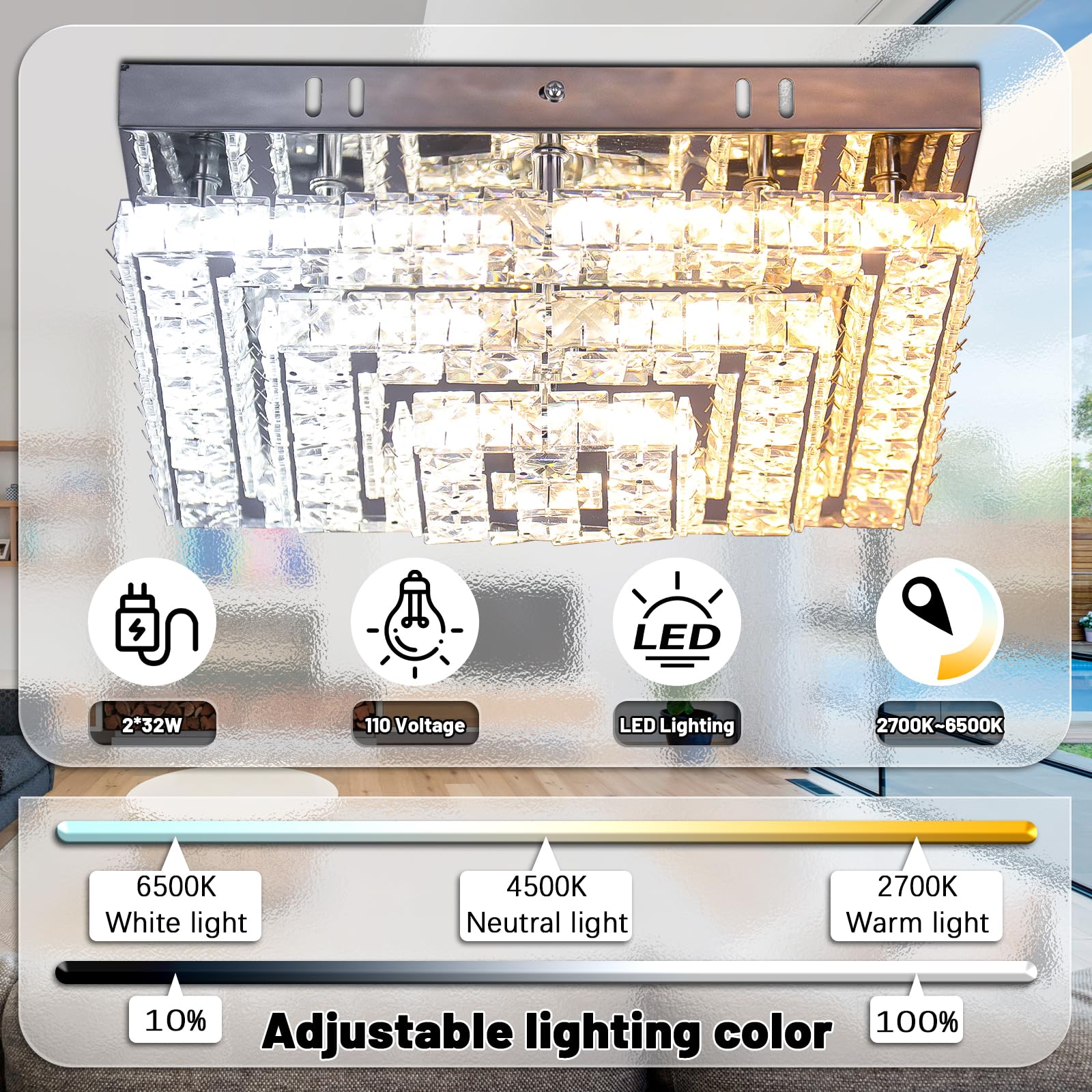 Cainjiazh Crystal LED Ceiling Light Chandelier, 11.8in Square, Dimmable, Stainless Steel and Crystal, Modern Design for Bedroom, Dining Room