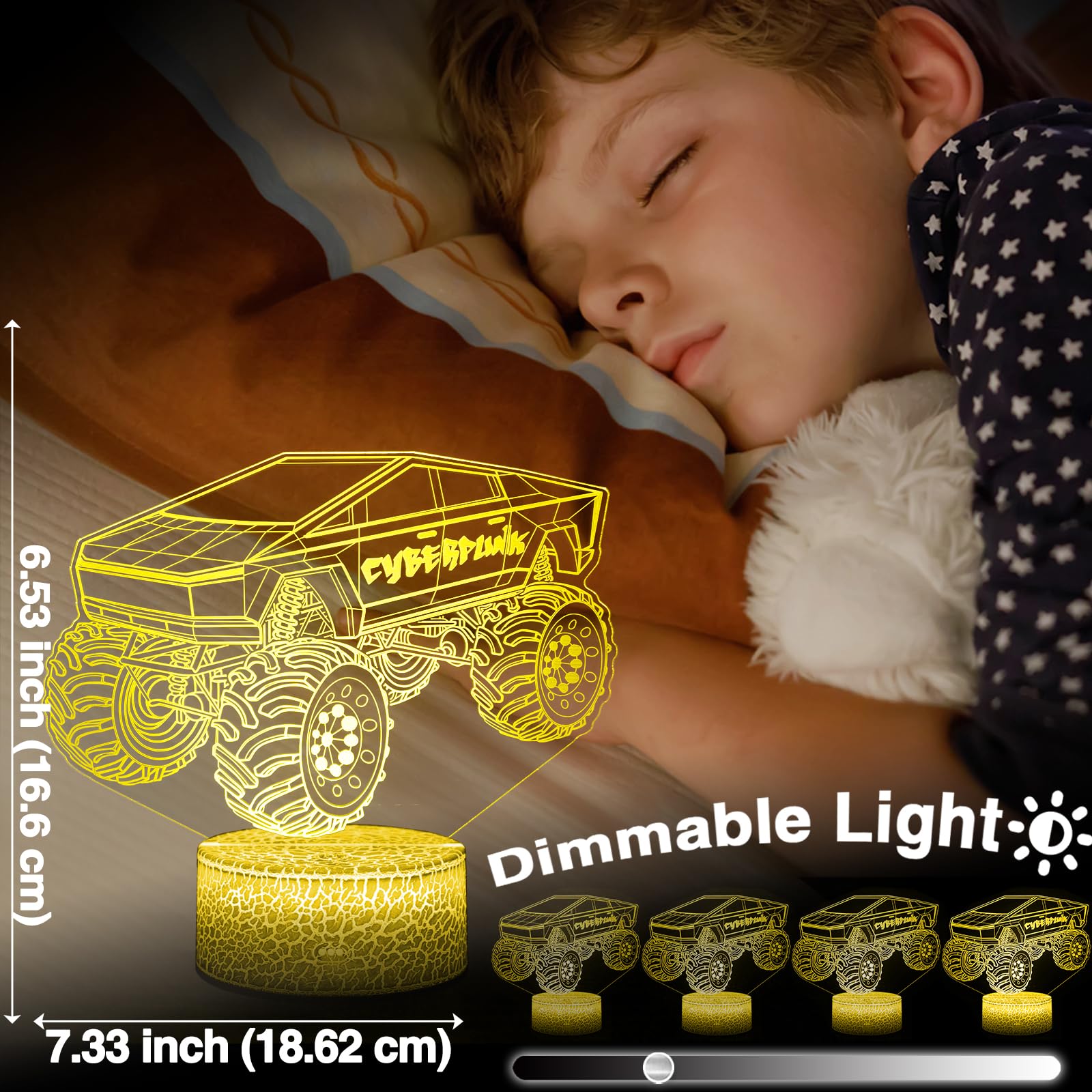 Cyberpunk Style Monster Truck Night Light for Boys Room Decor, 16 Colors LED Lights - Touch and Remote Control, Timer Tpye-C Dim