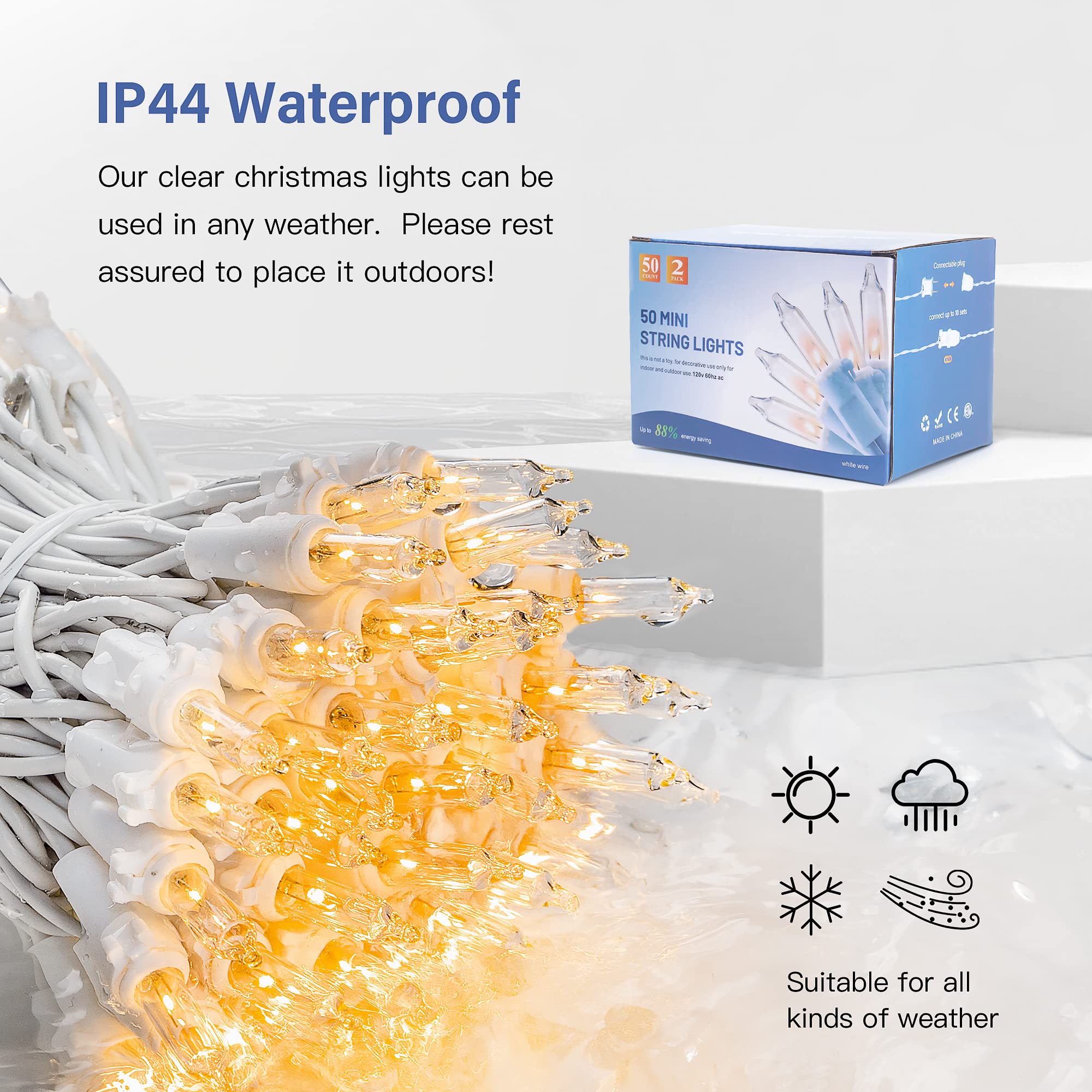 Hopolon 2Pack 50-Count Set Clear Christmas Lights With White Wire,Incandescent Bulb Mini String Lights For Holiday,Christmas Tree,Party, Wedding, Xmas, Home,Indoor & Outdoor Decorations(Warm White)