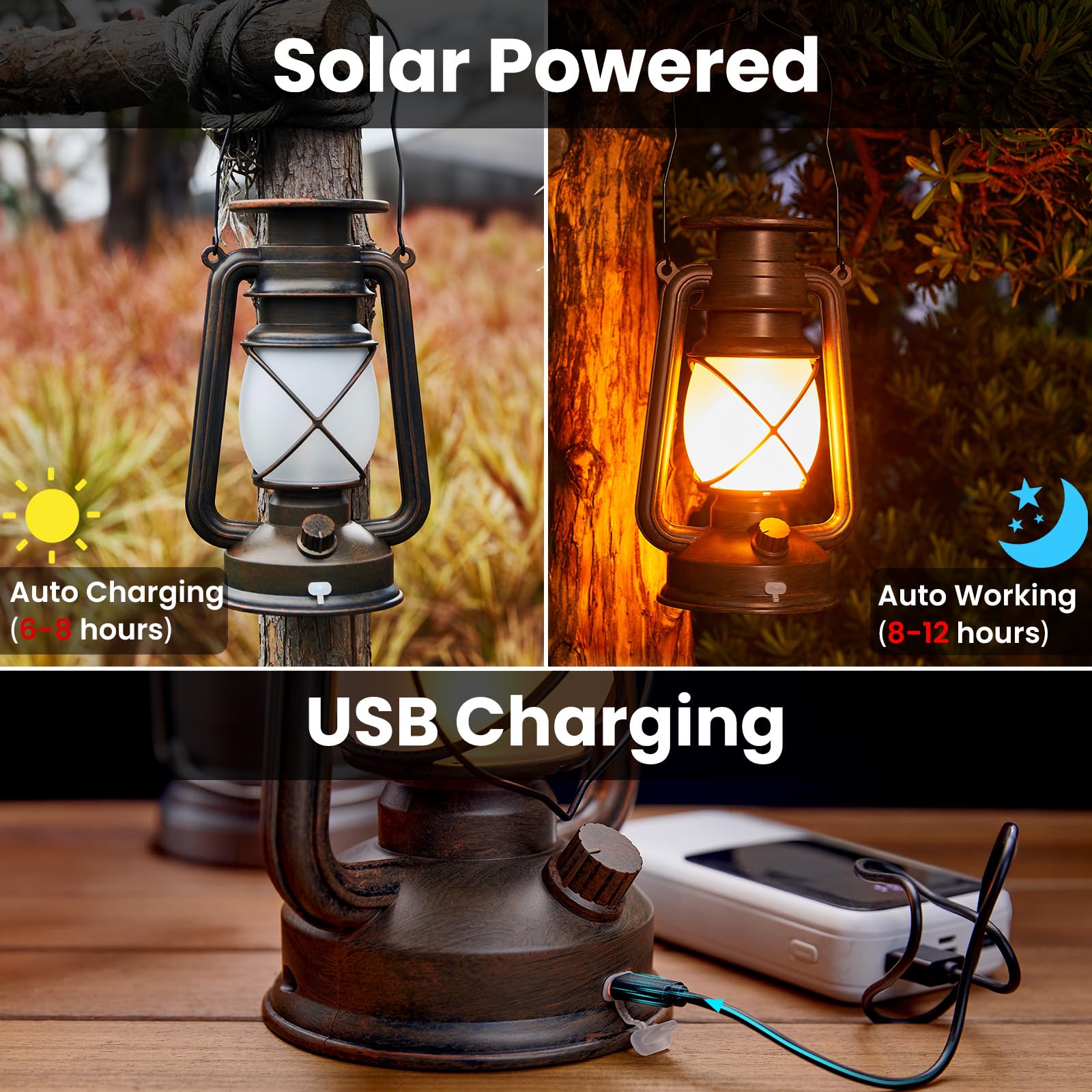 Kooper Solar Lanterns 2 Pack, Vintage Flickering Flame, Waterproof Hanging Lights For Outdoor Decor