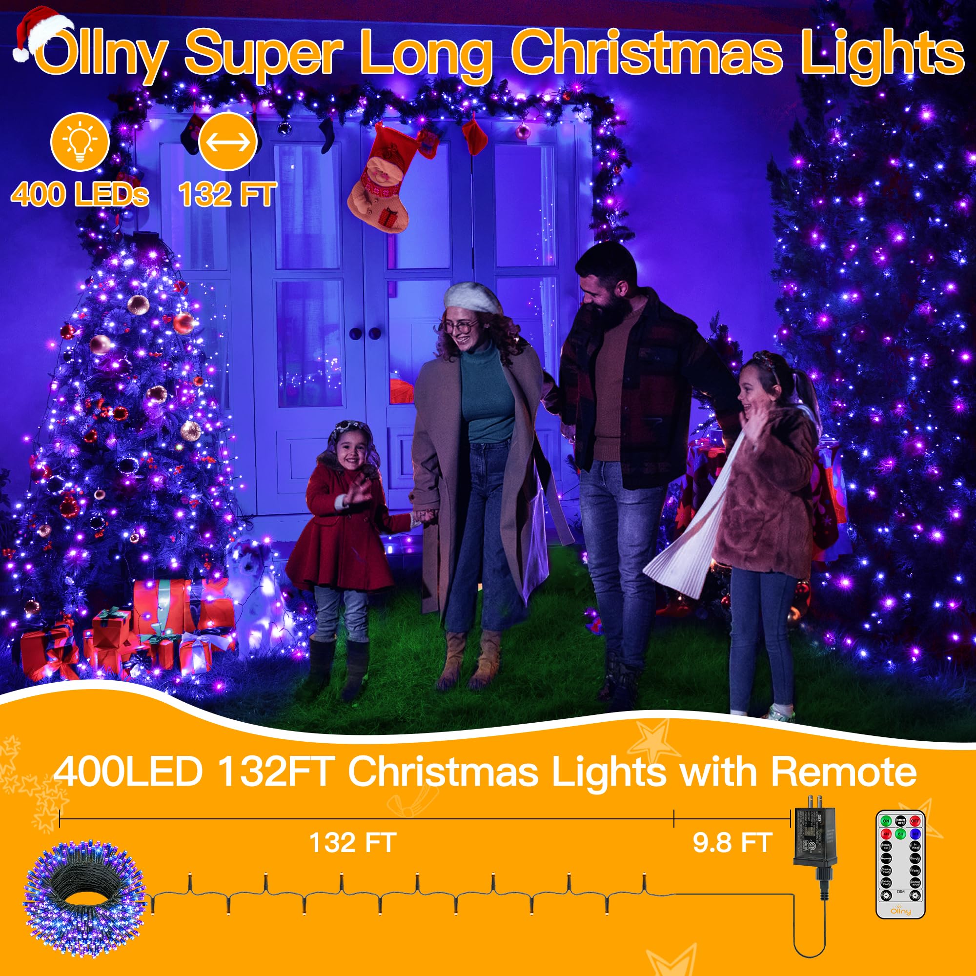 Ollny Halloween String Lights, 400LED, 131FT, Blue & Purple, 8 Modes, Waterproof, Indoor/Outdoor Decor, Model HG-29V416C