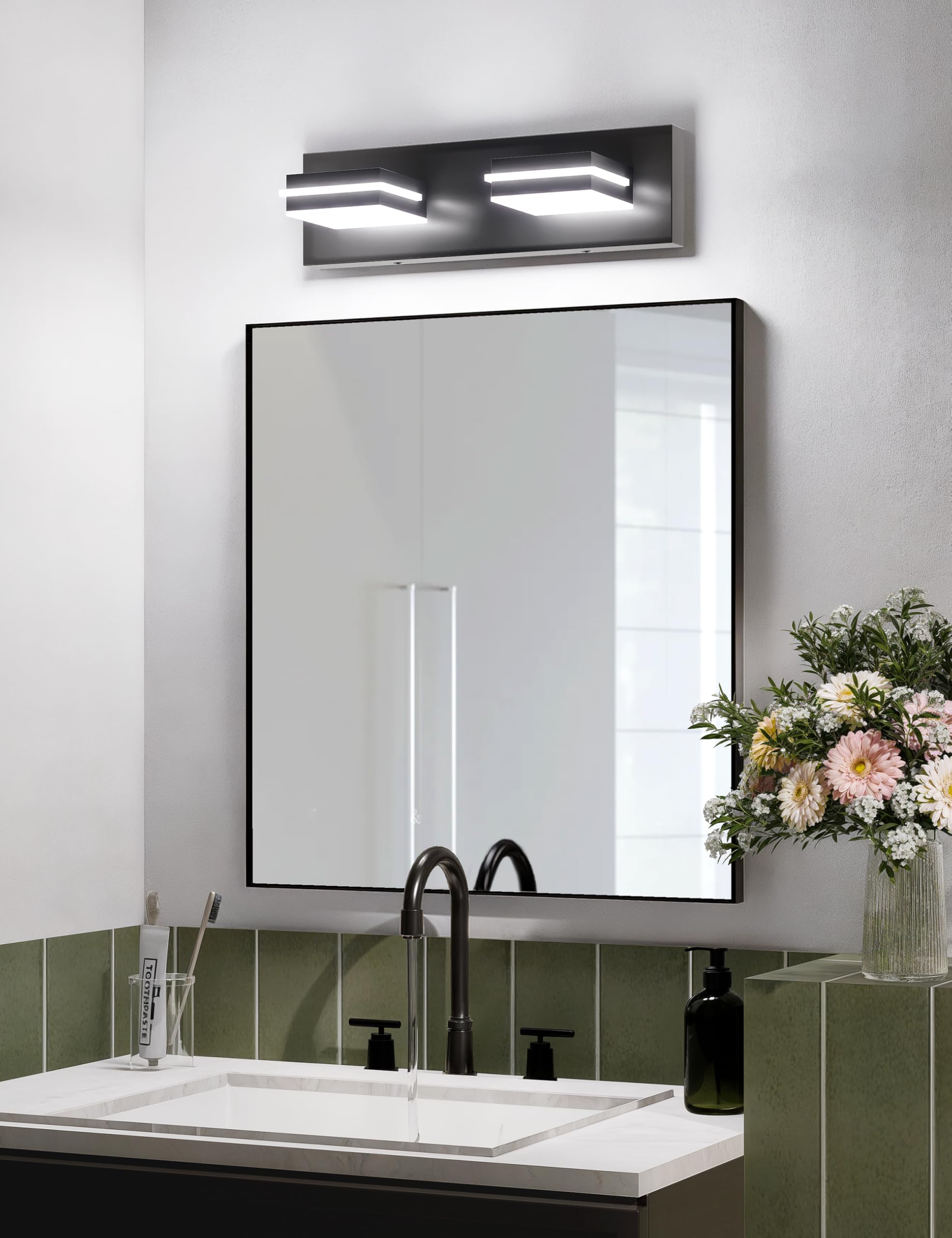 VOLISUN Modern Bathroom Vanity Light Fixtures (2-Light, 15.5-Inch), Matte Black LED Bathroom Lighting Fixtures Over Mirror, 360R