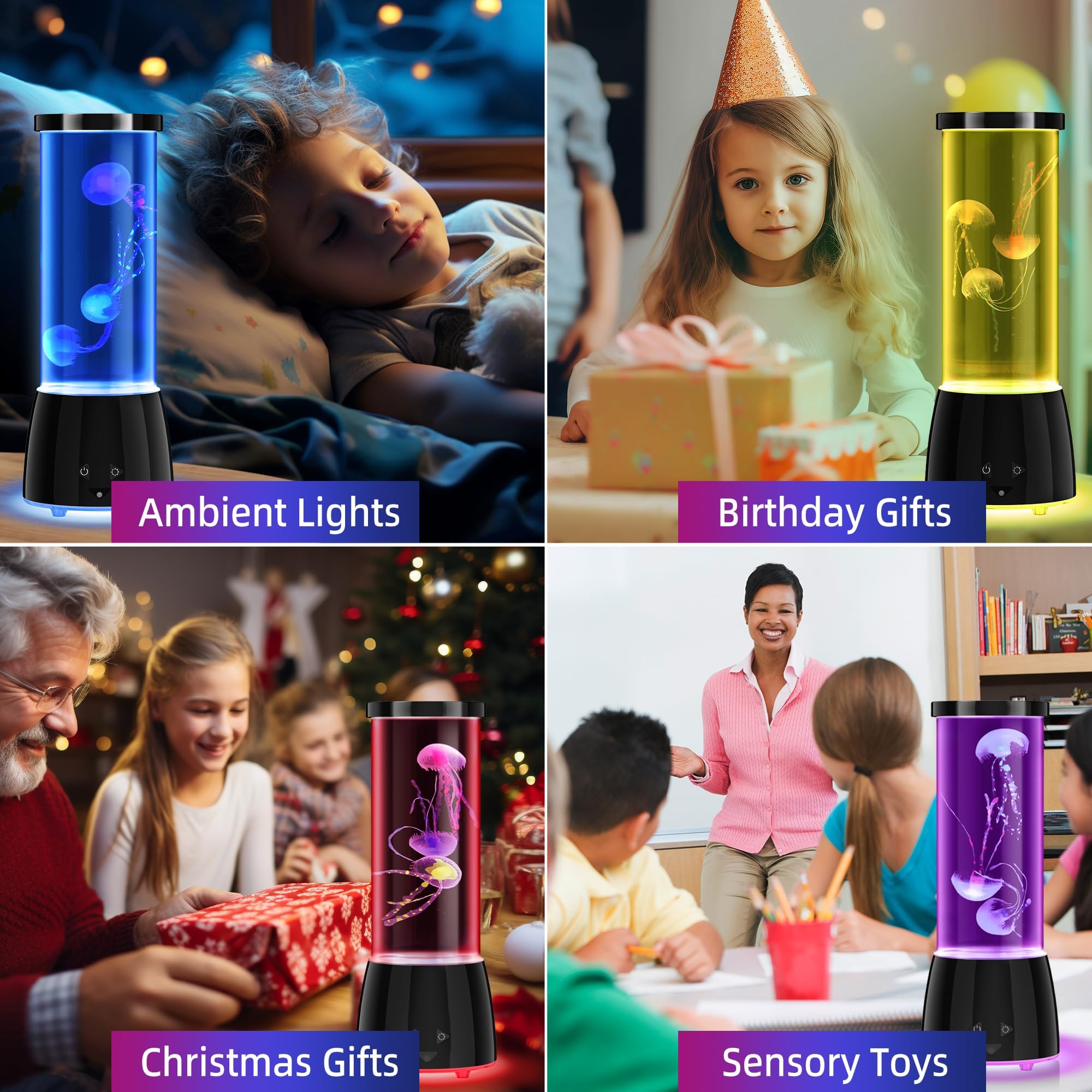 GuardWee Jellyfish Lamp - 17 Color Changing Modes, Remote Control, USB Rechargeable, Black, Model 6607