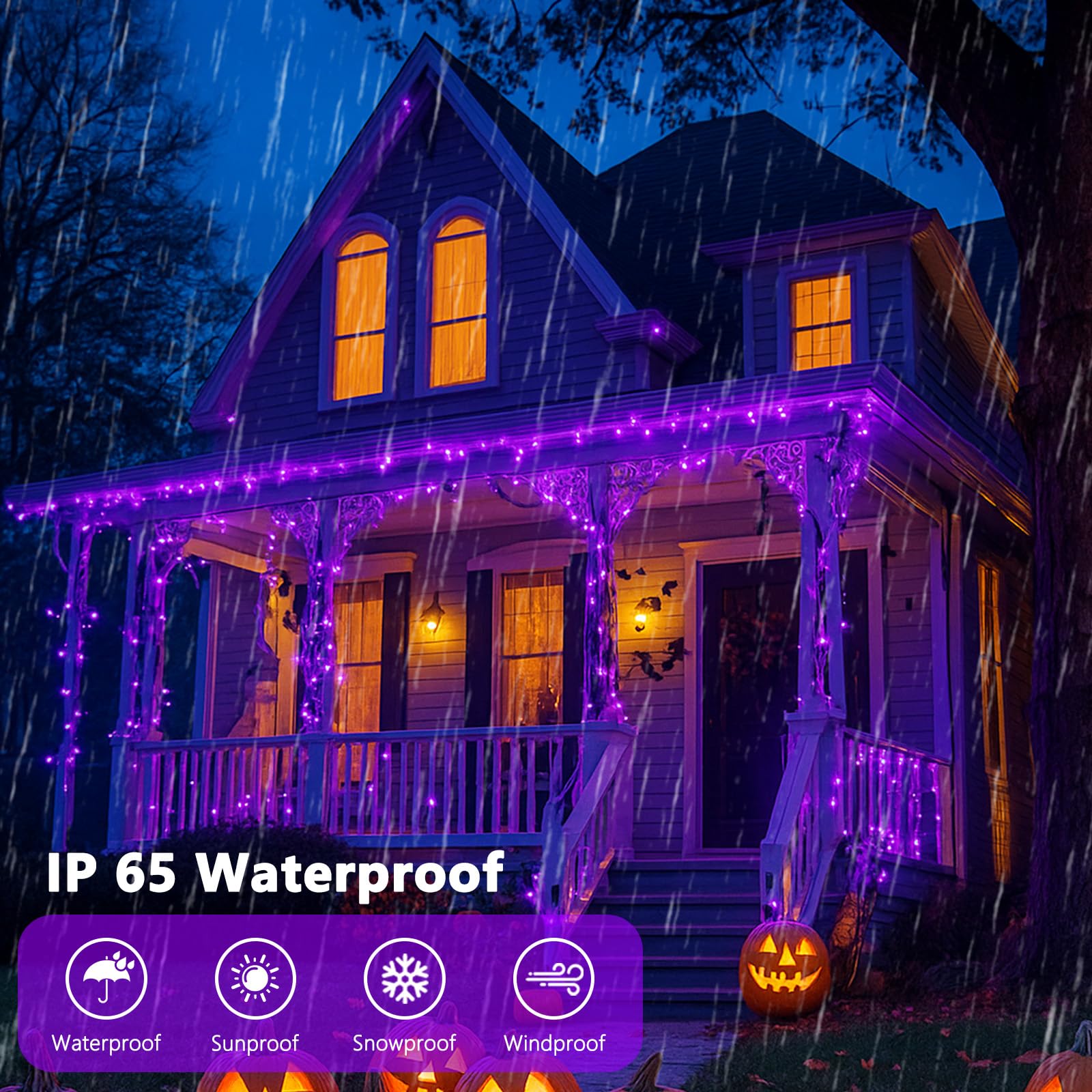 SANJICHA 4 Pack Solar String Lights, 320 LED, 180FT, Waterproof, Purple, 8 Modes, for Halloween Decorations