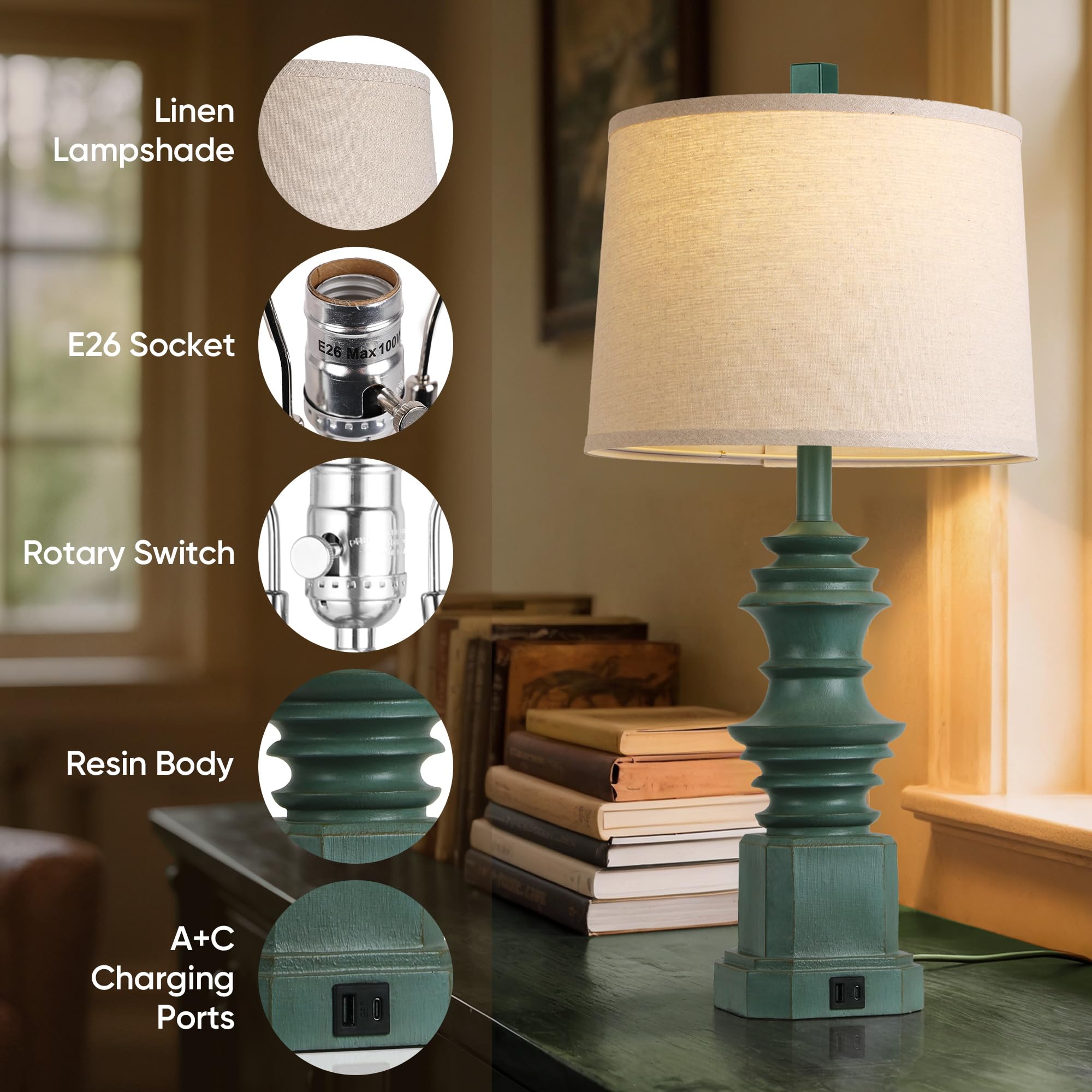 QiMH Table Lamps Set of 2, USB A+C Ports, Farmhouse Style, White Fabric Shade, Green, Model STR-DL-0087