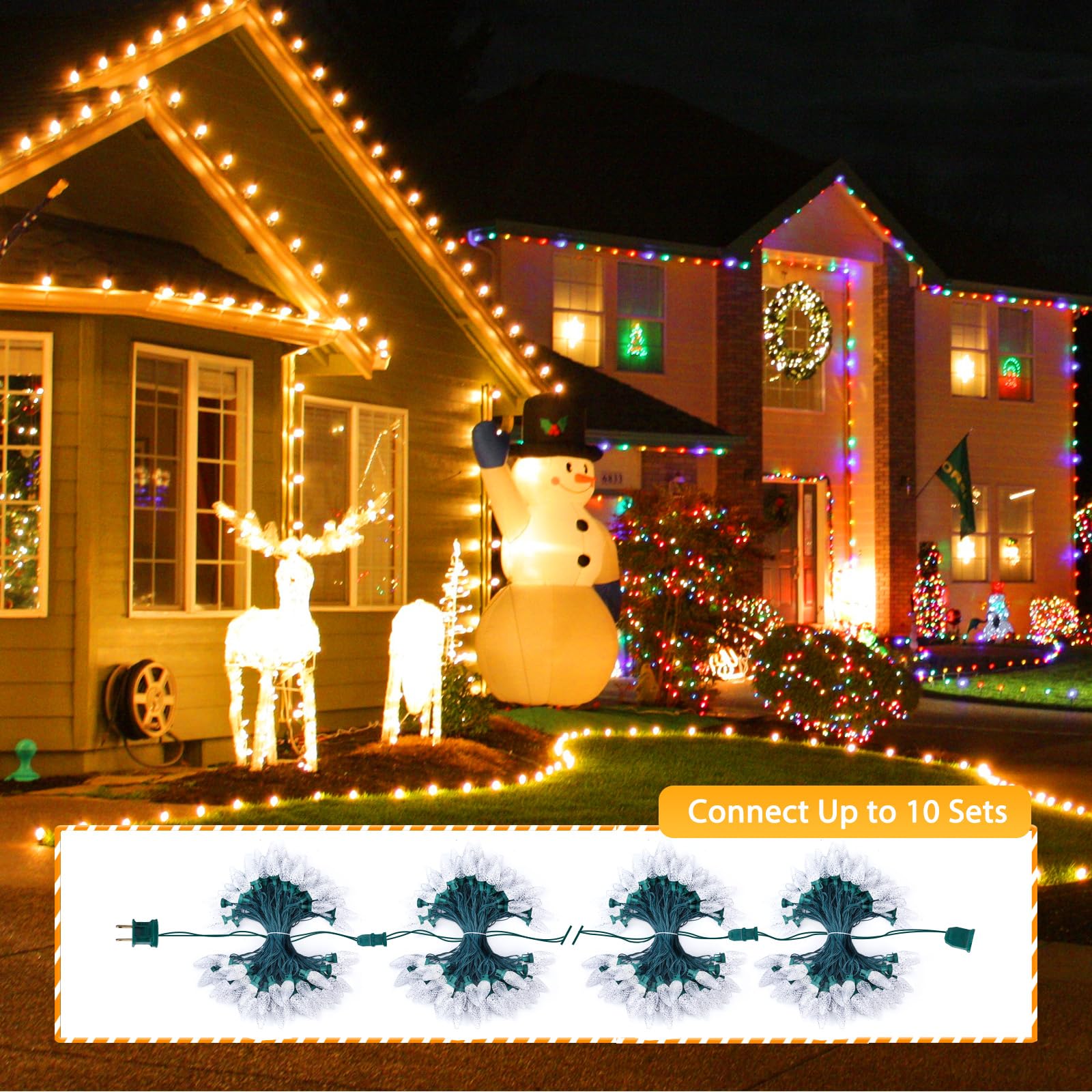 Brightown C9 LED Christmas Lights, 132ft Waterproof String, 200 Warm White LEDs for Holiday Yard Decor, Model 5-100/2F/C-033