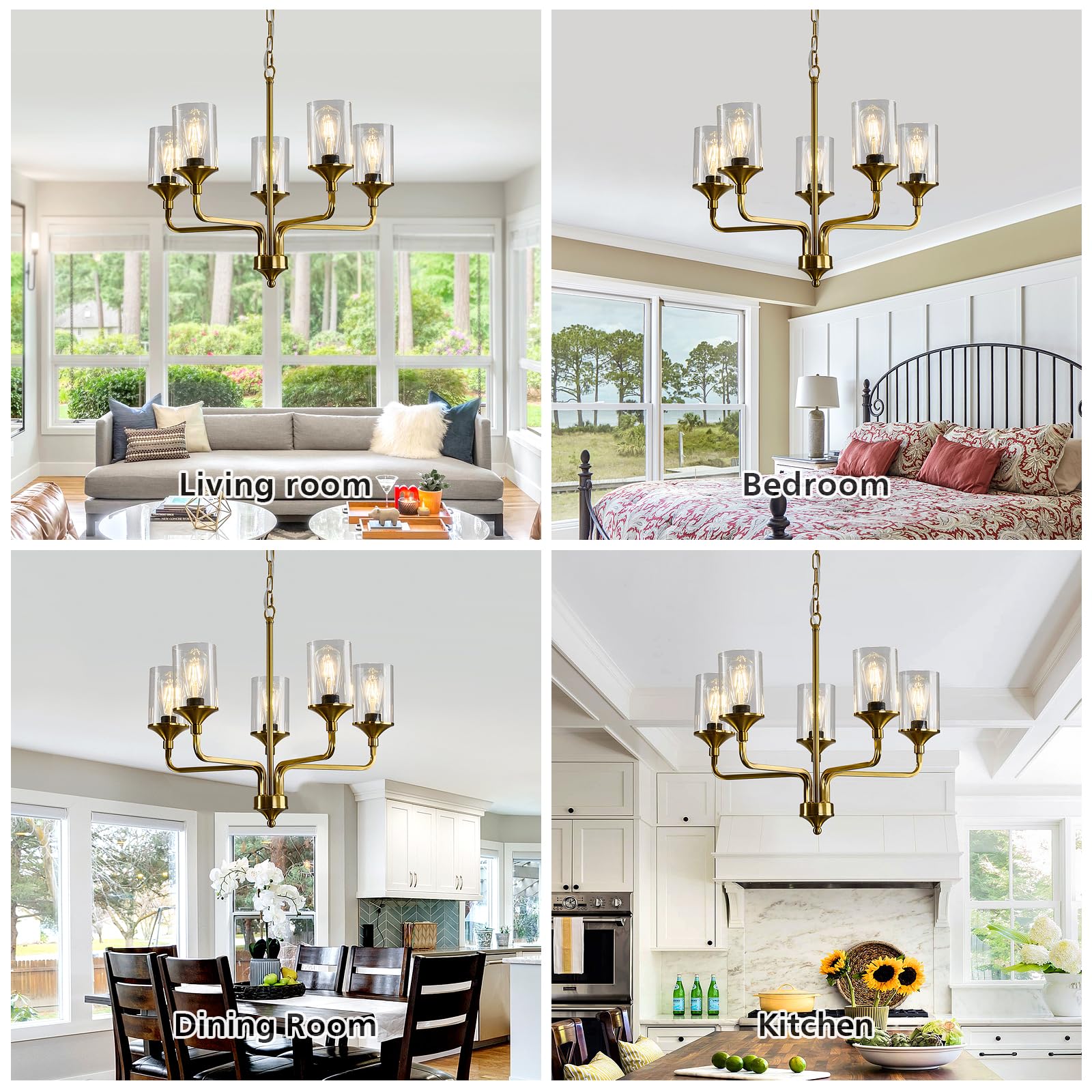Szxykeji Gold 5-Lights Glass Chandelier Rustic Metal Pendant Lighting Ceiling Light Fixtures Hanging For Farmhouse Kitchen Livin