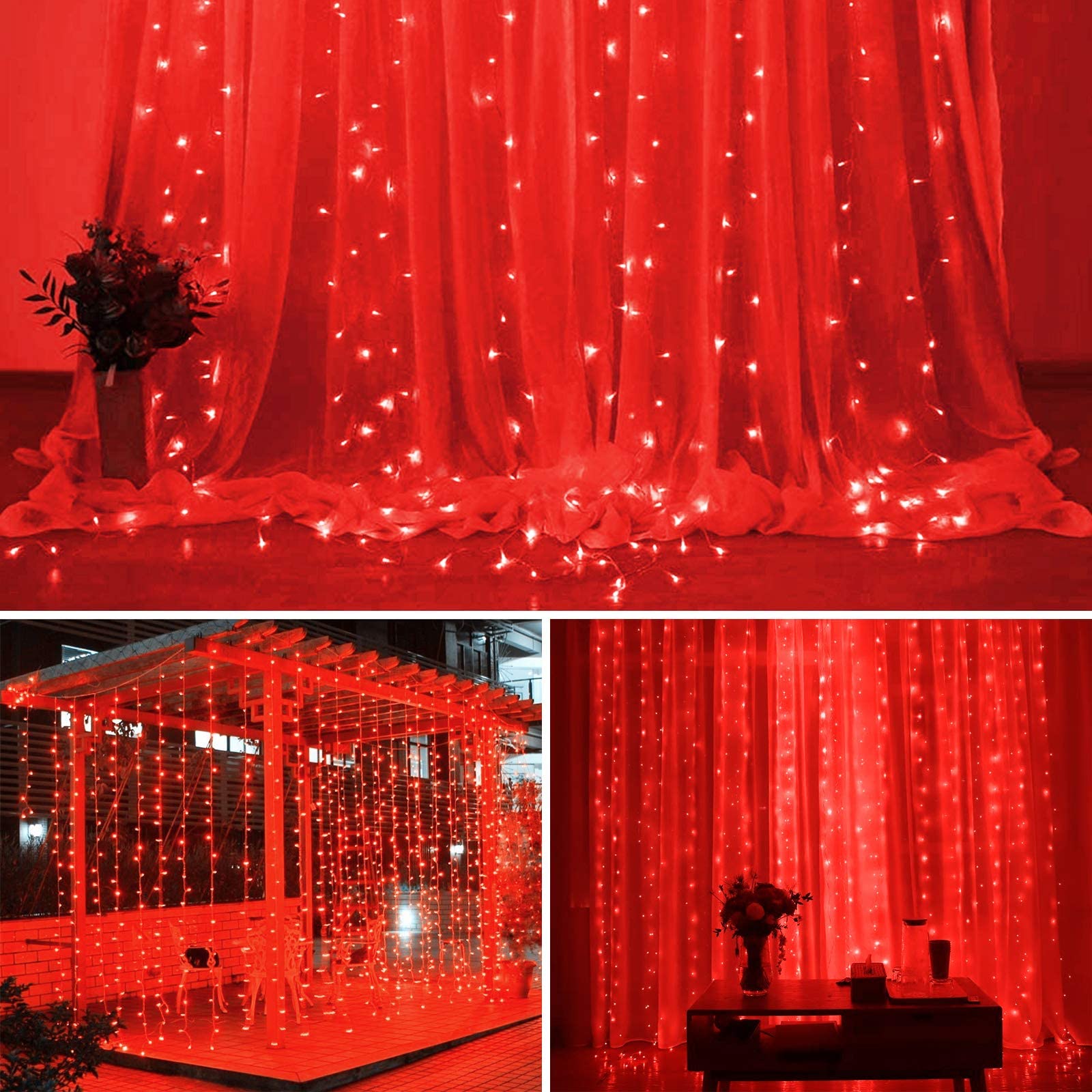 SUNNEST LED Curtain Lights, 300 LEDs, 9.8FT x 9.8FT, USB, 8 Lighting Modes, Remote Control, Red, Model SUNNEST-CDL