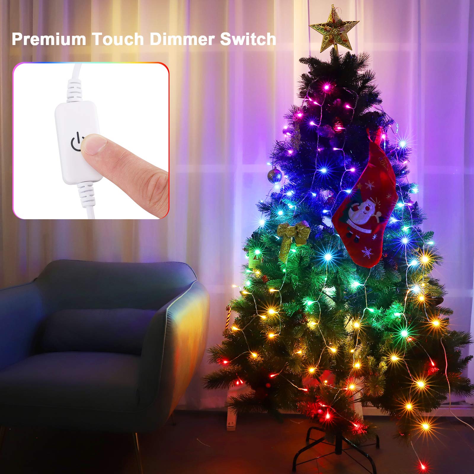 CoziTech Rainbow Fairy String Curtain Lights with Dimmer Switch, LED Icicle Lights for Kids & Teen Rooms, Model CT-RB0505-D