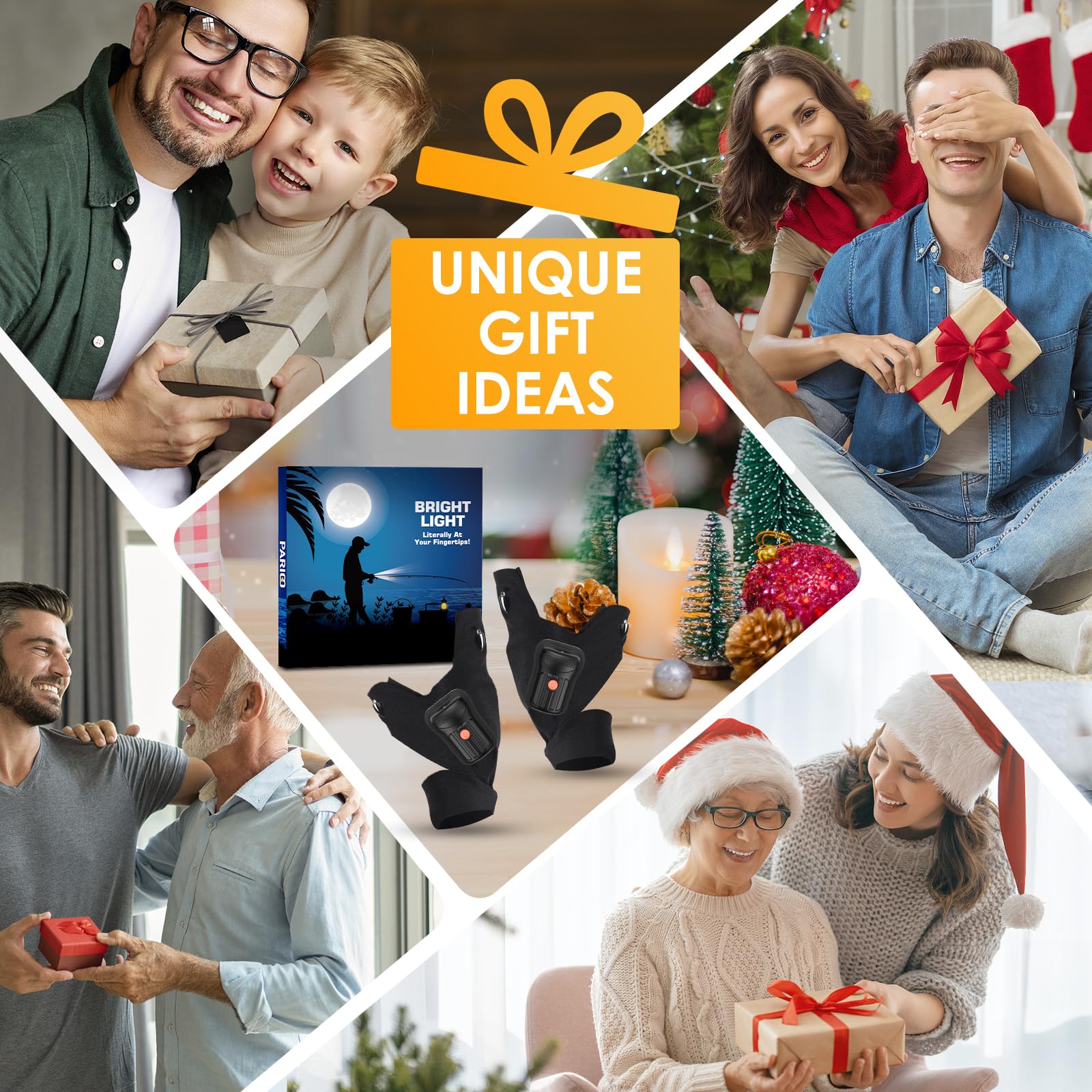 PARIGO Flashlight Gloves for Men, Rechargeable LED, Black, Model PARIGO 3LEDS, Ideal for Fishing, Camping, Repairing, Christmas Gifts