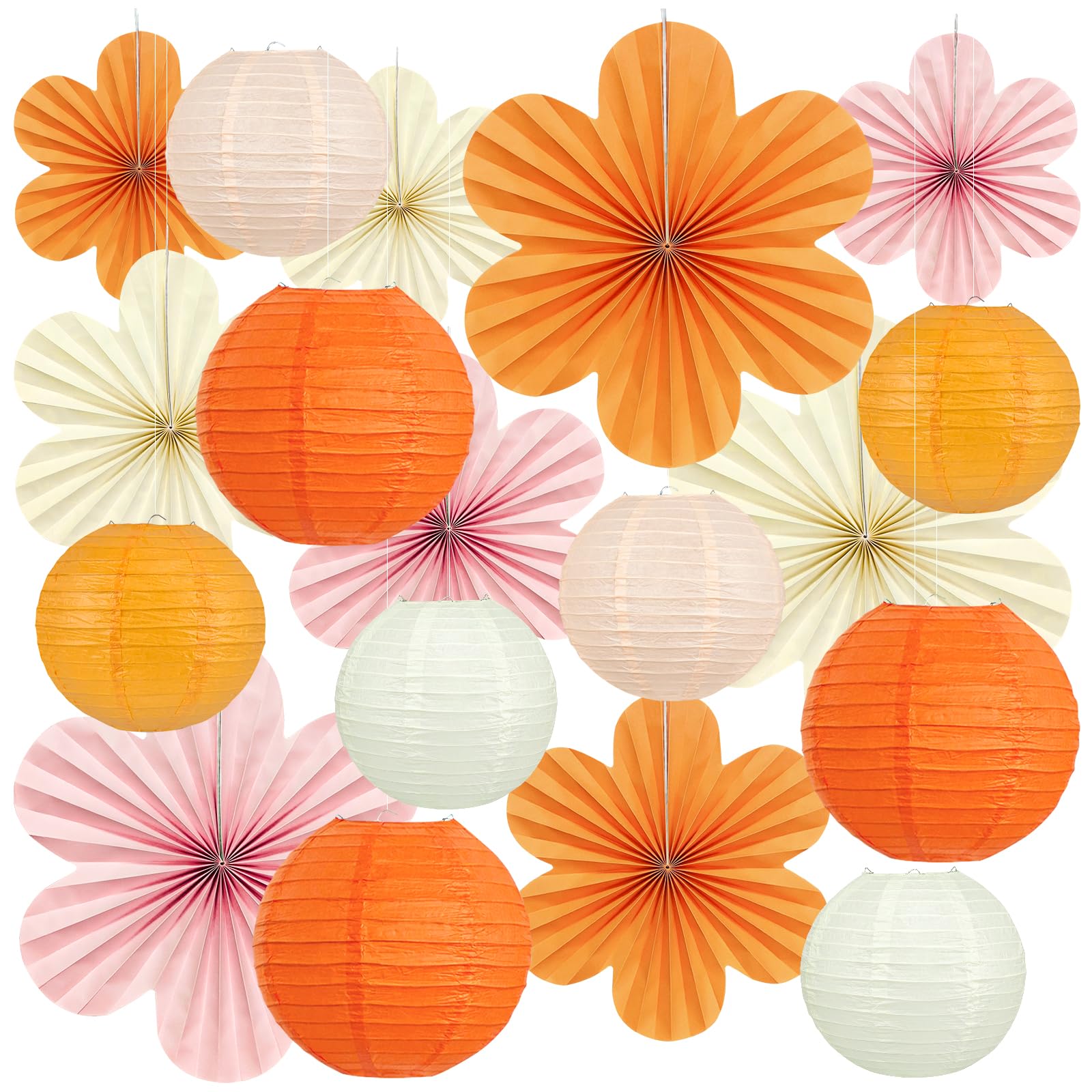 18Pcs Fall Pink and Orange Party Decorations, Hanging Paper Lanterns Flowers Fans for Girls Women Wall Baby Shower One Sweet Pea