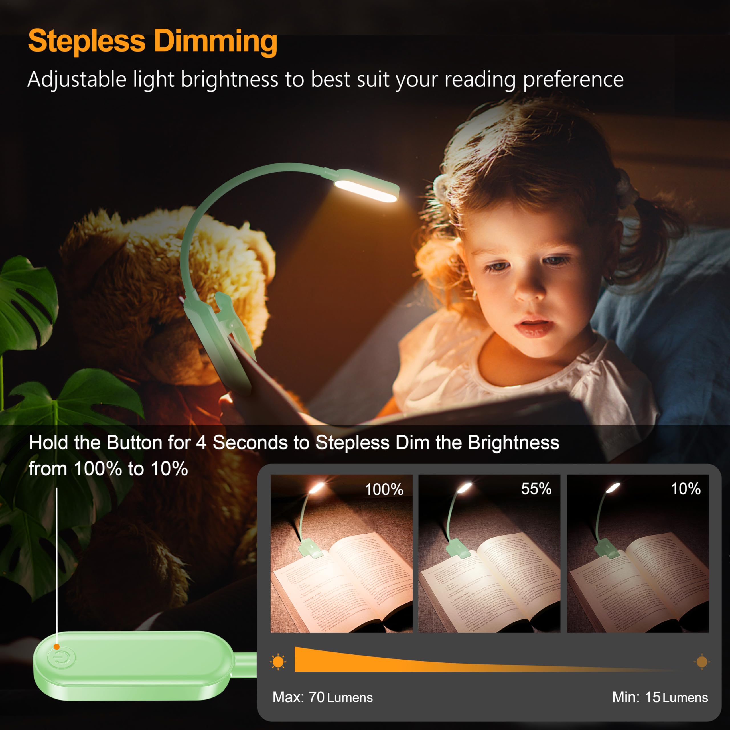 Gritin 16 LED Rechargeable Book Light - Eye-Caring, 3 Color Temps, Stepless Dimming, 80 Hrs Runtime, Cyan, Model GM1331