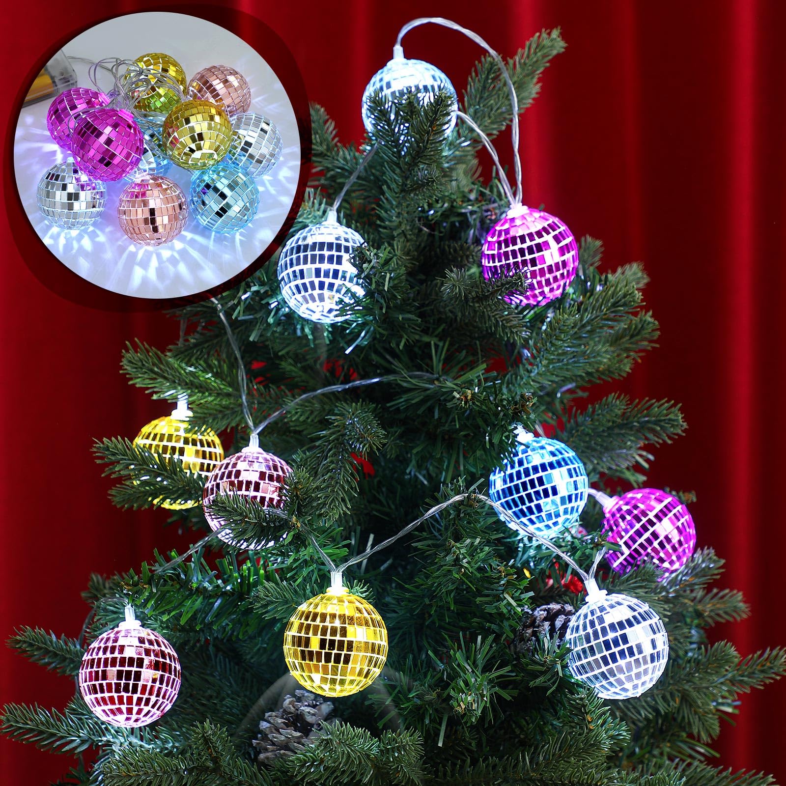 BBTO LED Disco Ball String Light, 10 Pcs, 2 Inch, Battery Powered, Vivid Color, Model BBTO-Disco Ball-90
