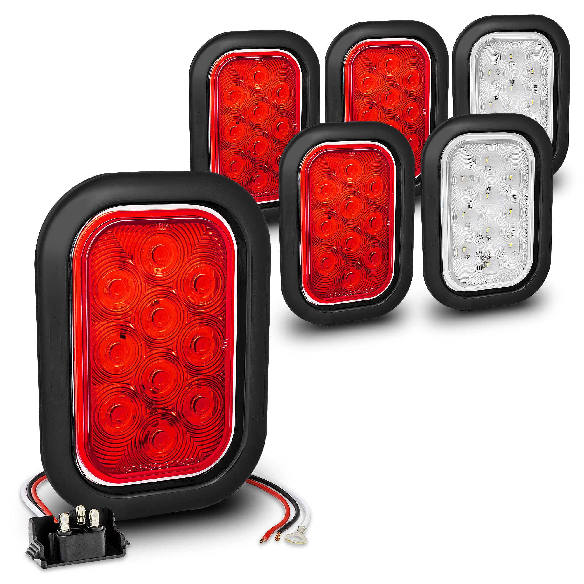 True Mods 4 Red + 2 White 5X3 3X5 Inch Rectangle Led Trailer Tail Light Kit [Dot Fmvss 108] [Grommets/Plugs] [Submersible] [Stop
