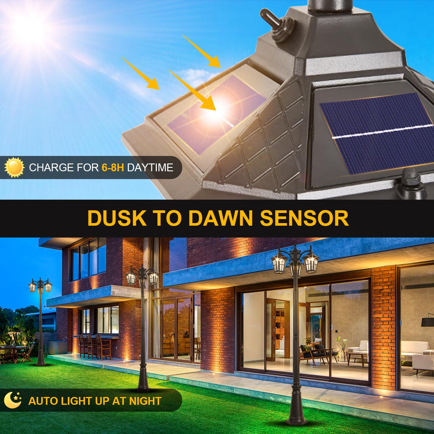 GYDZ 3-Head Solar Street Light, Aluminum with Dusk to Dawn Sensor, Waterproof Black Lamp Post for Backyard, Garden, Driveway, Model 6590-S-SE-GL