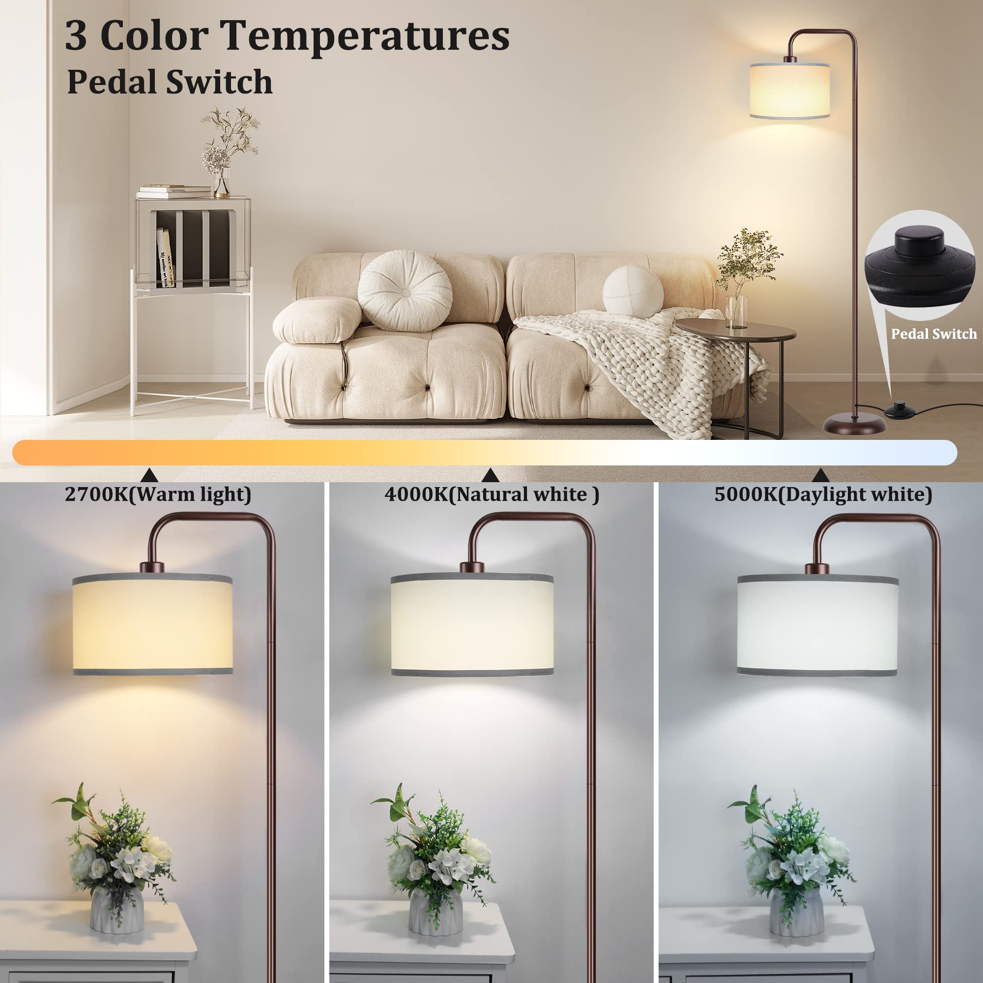 Partphoner Led Floor Lamp - 3 Color Temperatures, Foot Switch, 9W Bulb, Oil Rubbed Bronze