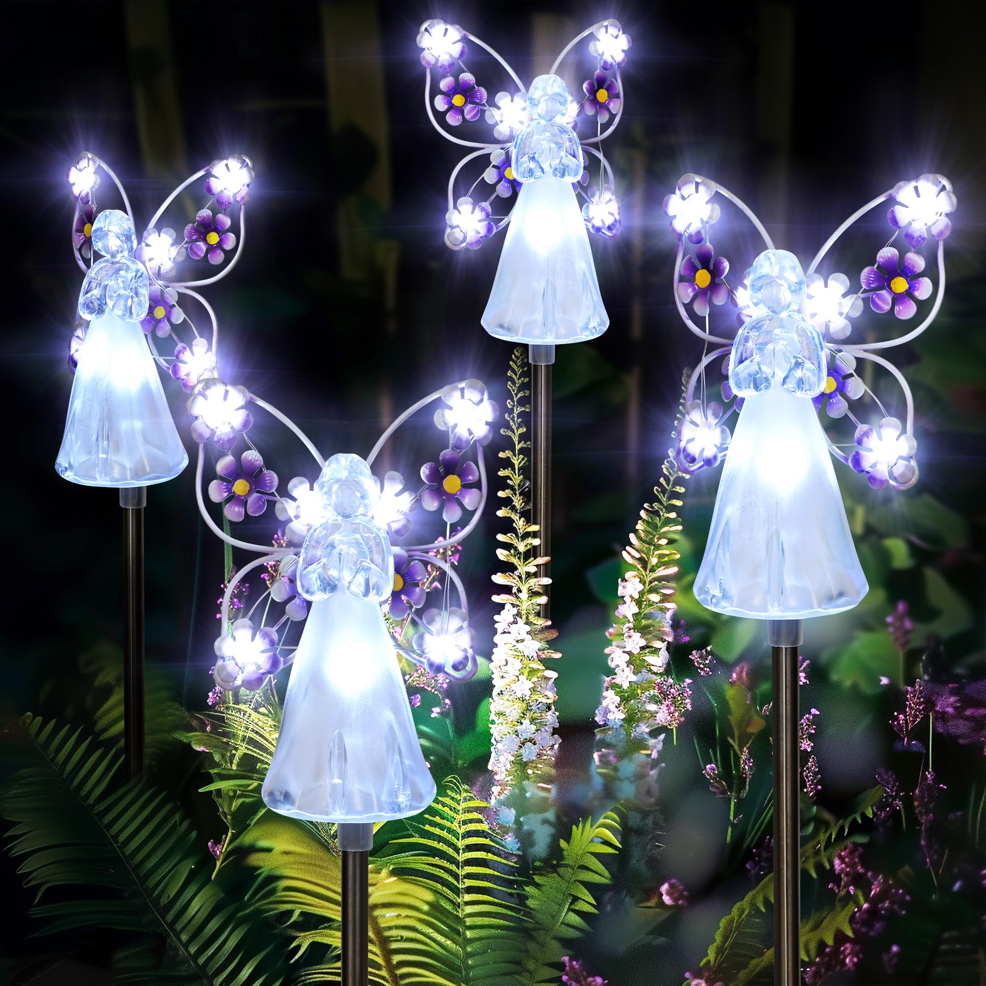 GIGALUMI Solar Angel Garden Stake Lights - 4 Pack Angel Solar Lights Outdoor Garden, Eternal Light Angel with 7 LEDs for Cemeter