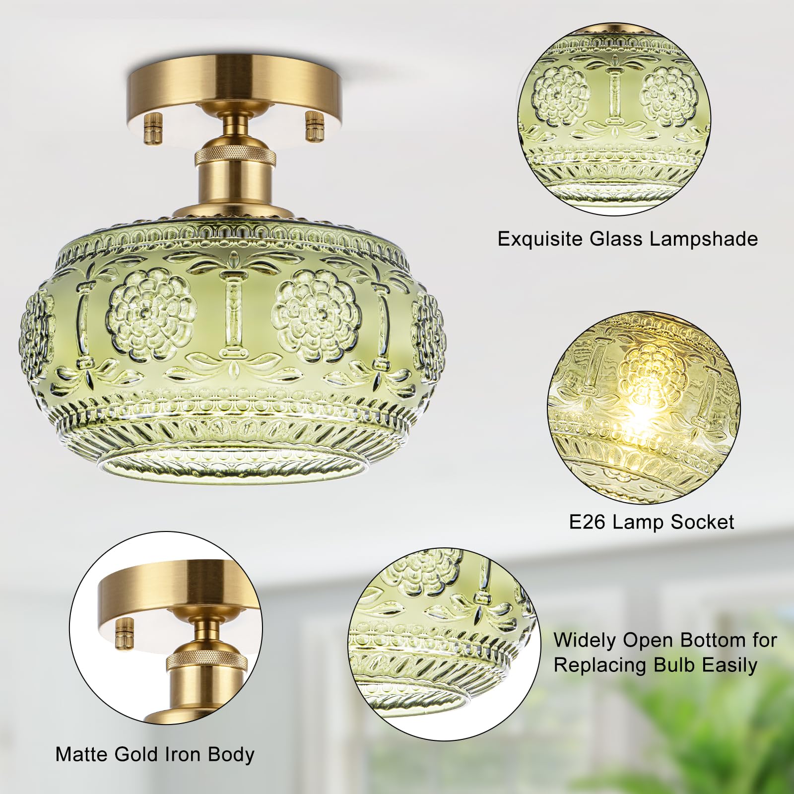 Tbaoinla Semi Flush Mount Ceiling Light Fixture - Brass & Gold Floral Design  Green Glass Shade  Vintage Modern Lighting For Kitchen  Bathroom  Entryway (Bulb Not Included)