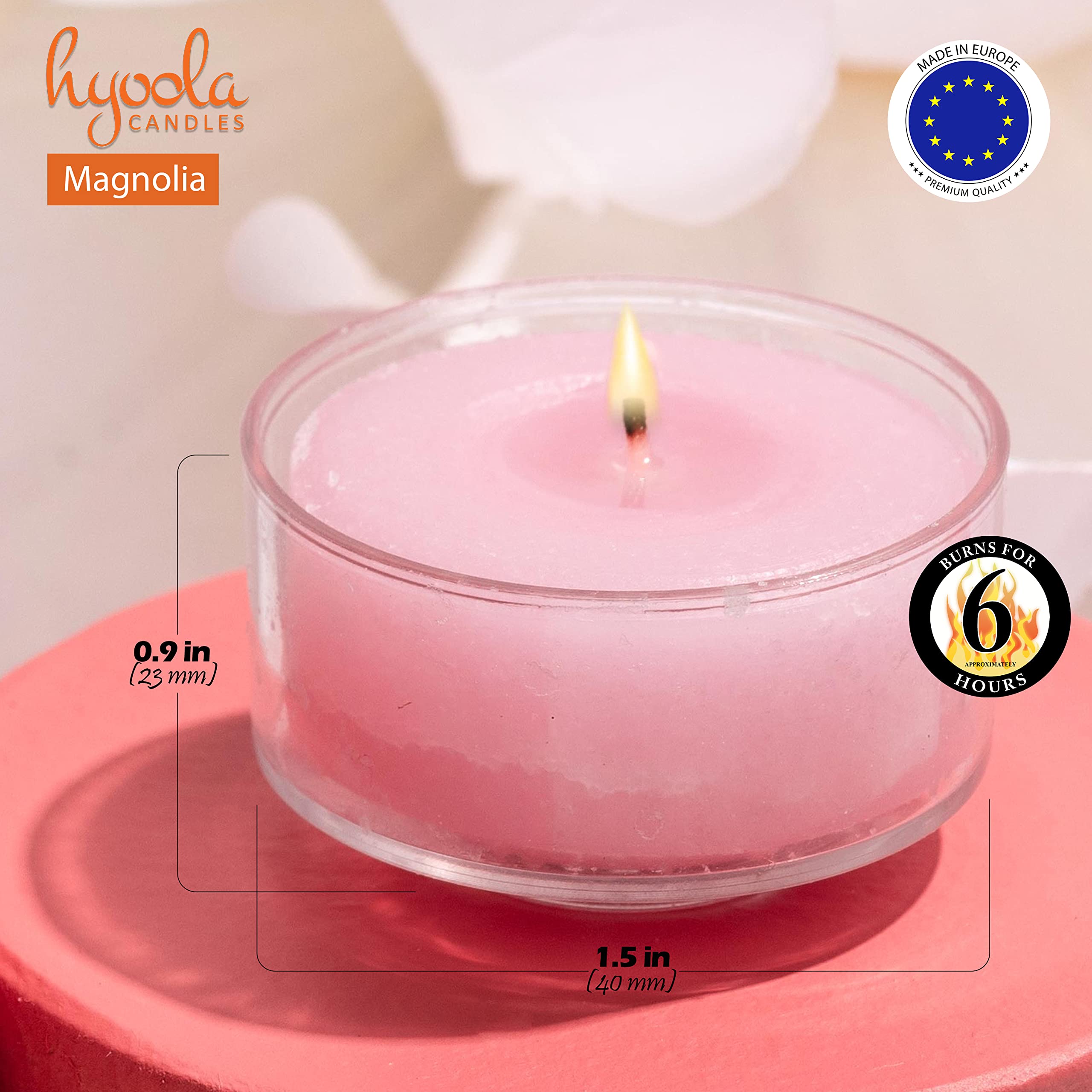 Hyoola Scented Tealight Candles - Clear Cup - Magnolia Tealight Candles Scented - 6 Hour Burn Time - 15 Pack - European Made