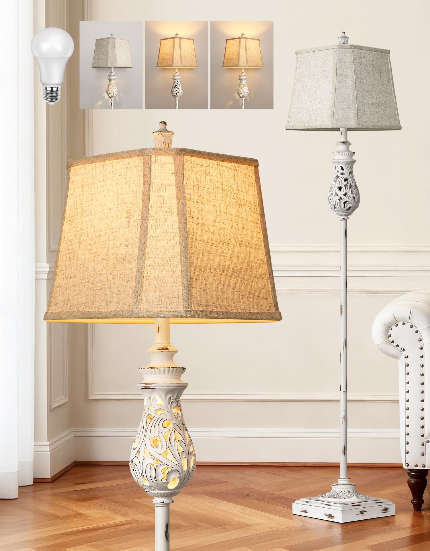 PARTPHONER 64 Vintage Floor Lamp with Nightlight, Rustic Farmhouse Tall Standing Lamp with Rotary Switch and Beige Linen Shade