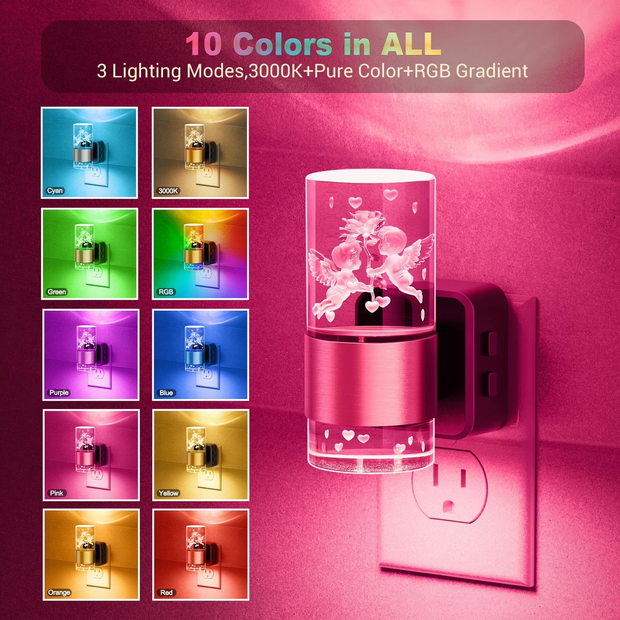 Jandcase Night Lights Plug Into Wall,Angel Night Light, 2 Pack 3000K+Rgb 10-Color Led Nightlight With Dusk To Dawn Sensor, 10/50