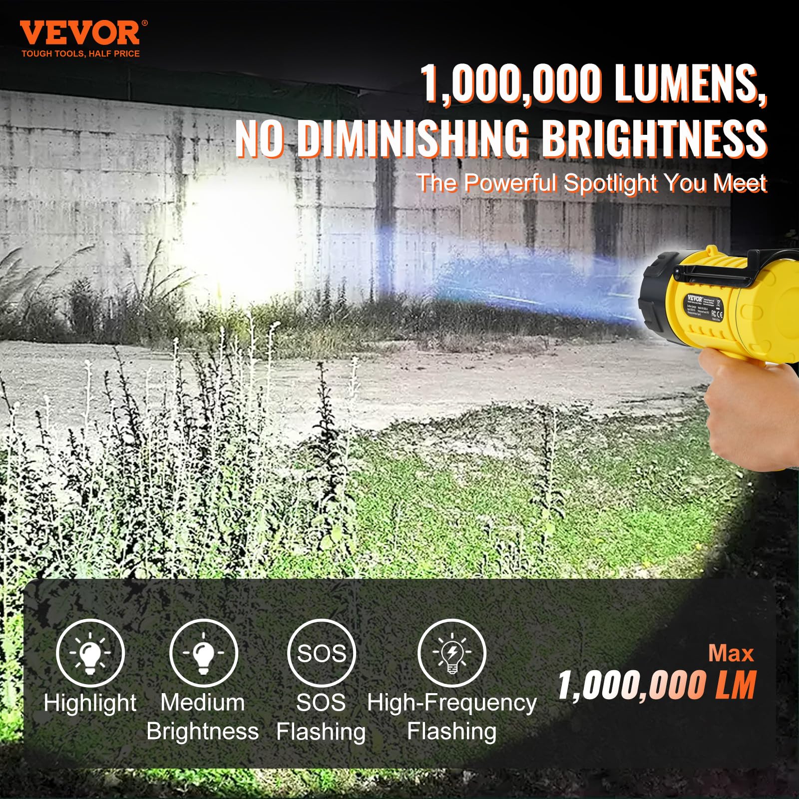 VEVOR Rechargeable Spotlight Flashlight, 100000 Lumens, IP67 Waterproof, 4 Modes, Model MX-6005-D, Yellow+Black