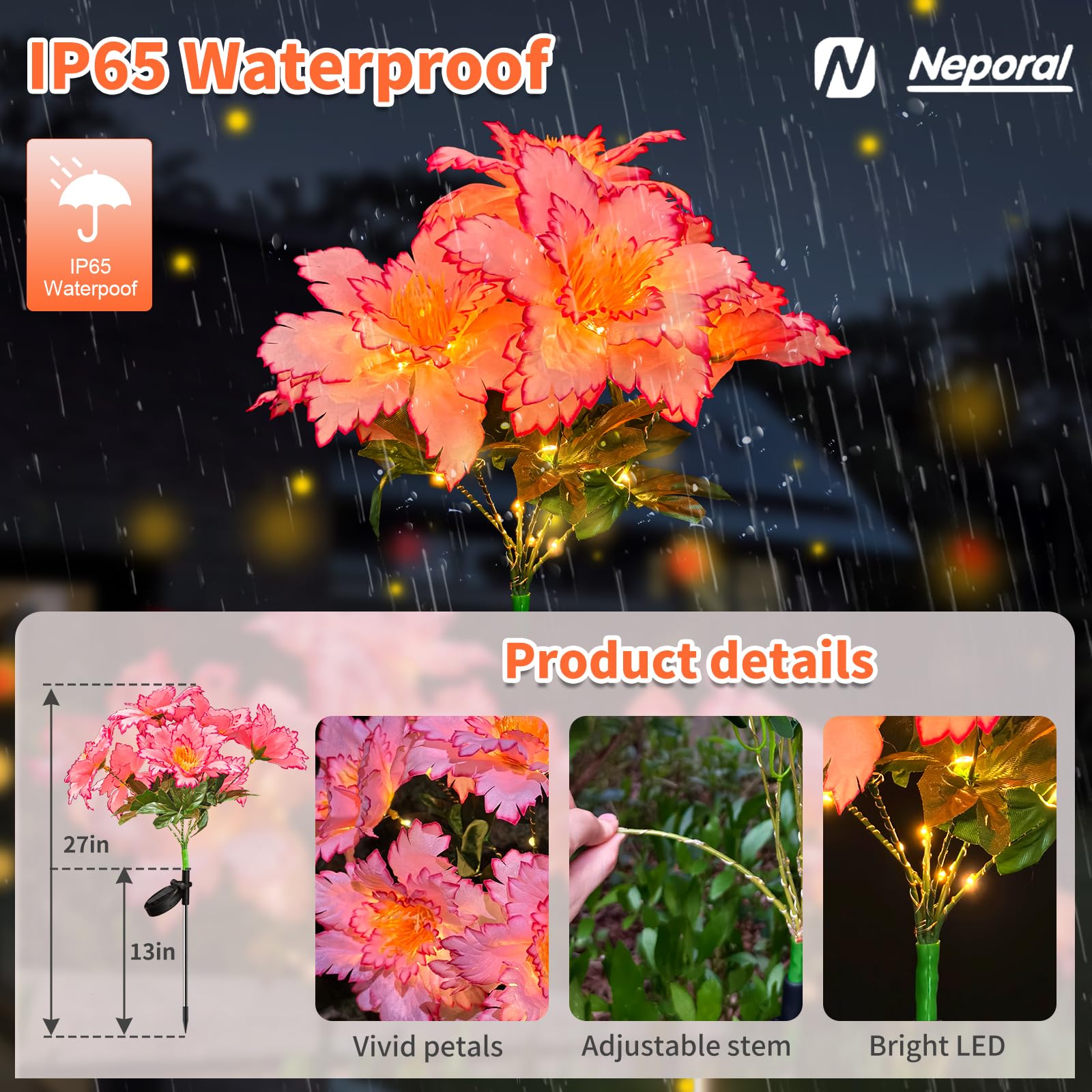 Neporal Solar Flowers Outdoor Waterproof Rhododendron, 4PK 7-Stem Garden Solar Lights, 2 Decor Lighting Modes