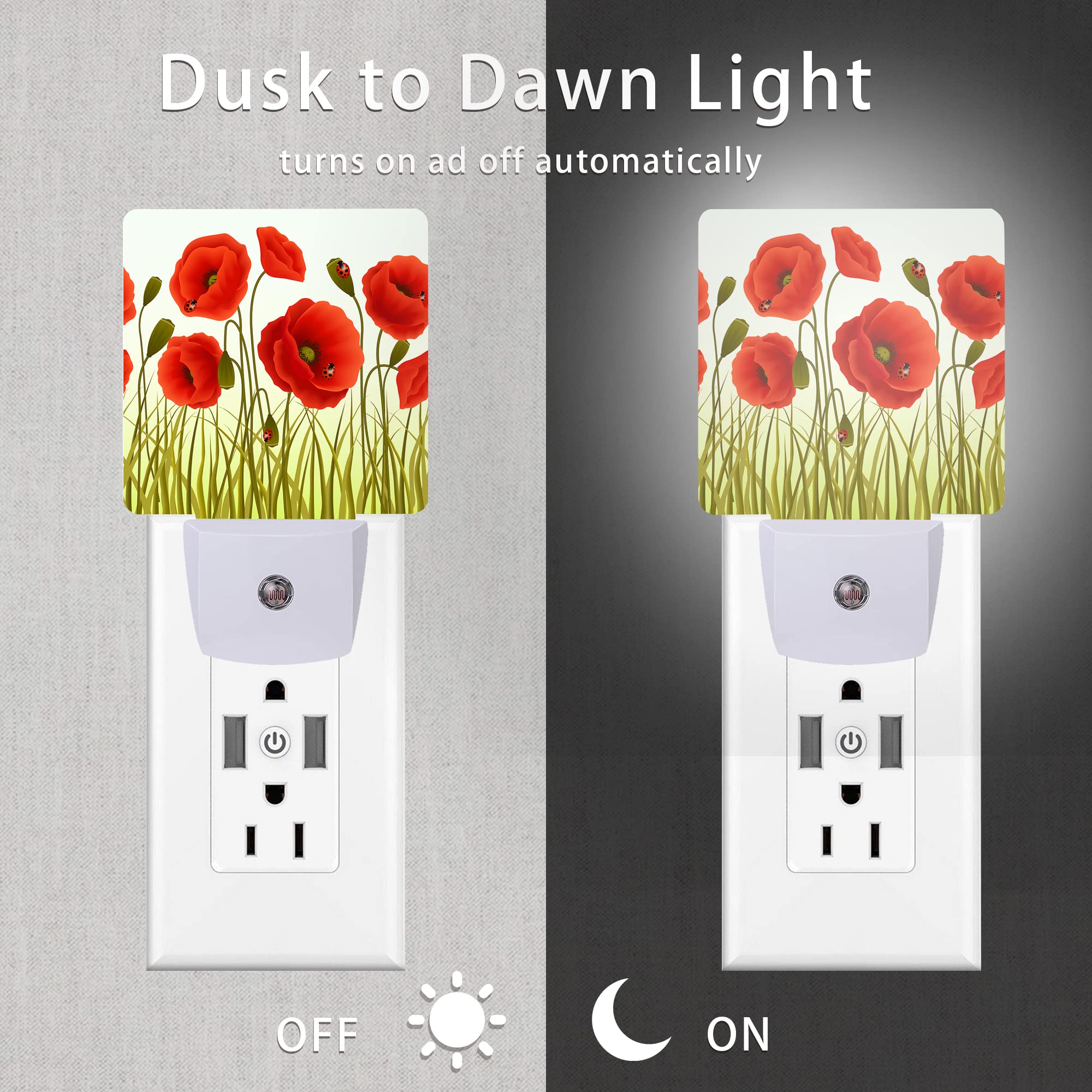 Oeaskly Red Flowers Night Light,Red Poppy Flowers And Ladybugs Plug-In Night Lights With Dusk-To-Dawn Sensor For Stairway/Hallwa