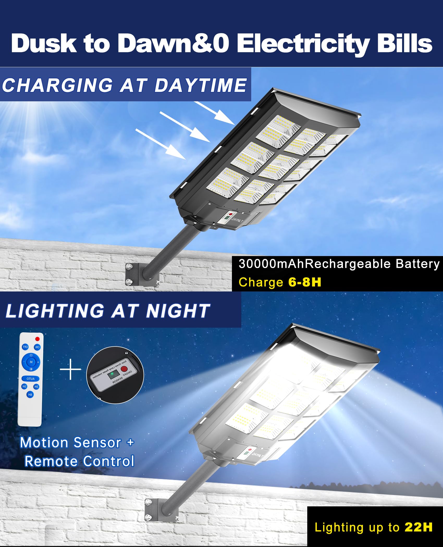 JAYNLT Y-3600W Solar Street Lights 360000LM 6500K Waterproof Motion Sensor Black 1Pack