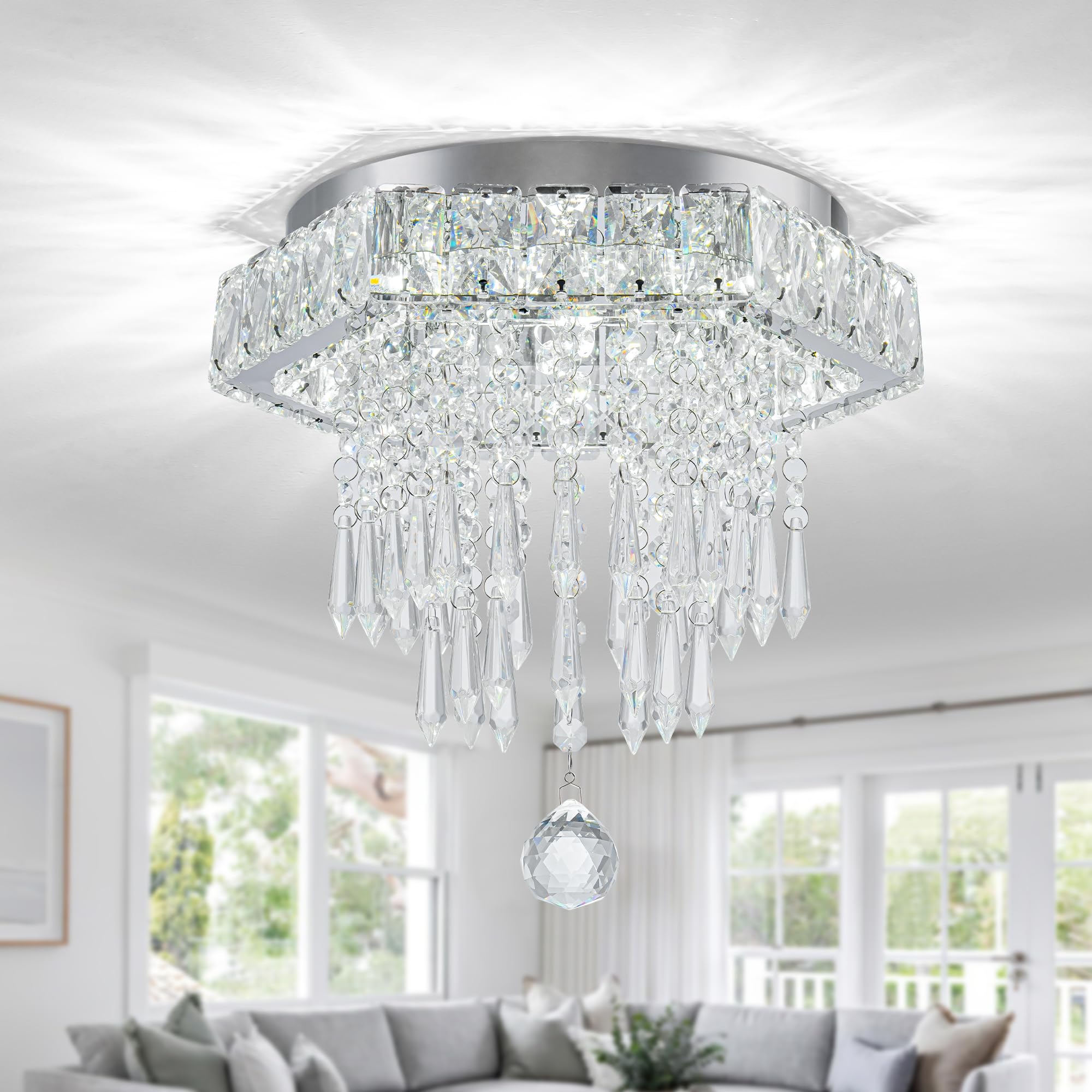 HomLaiting Crystal Semi Flush Mount Ceiling Light Fixture 11.8in Hexagon 6500K Chandelier for Bedroom and Dining Room