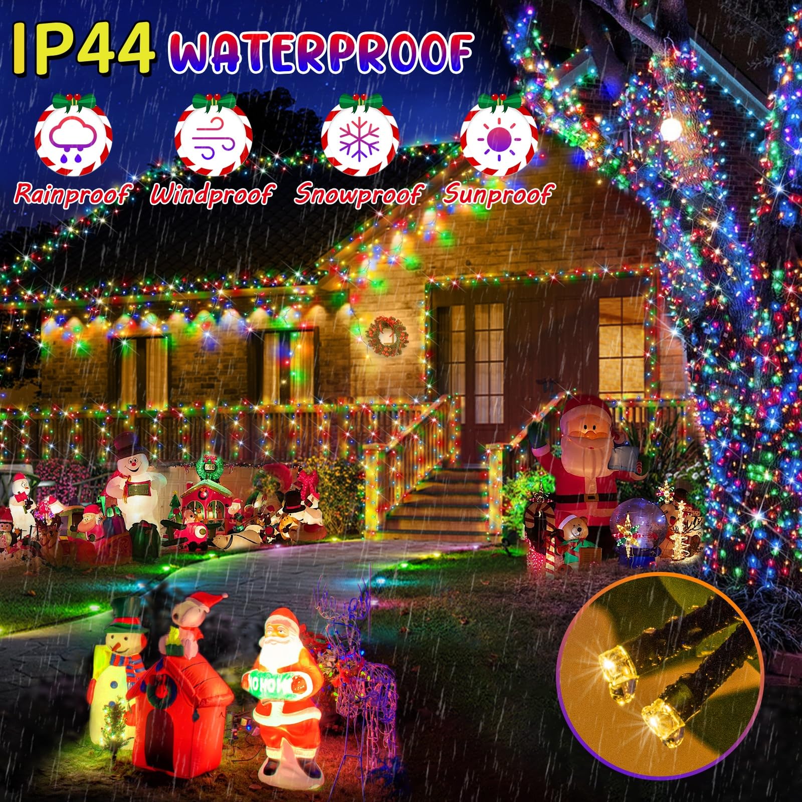 Hezbjiti 1000LED Color Changing Christmas Lights, 403FT Green Wire, IP44 Waterproof, Warm White & Multicolor, 11 Modes