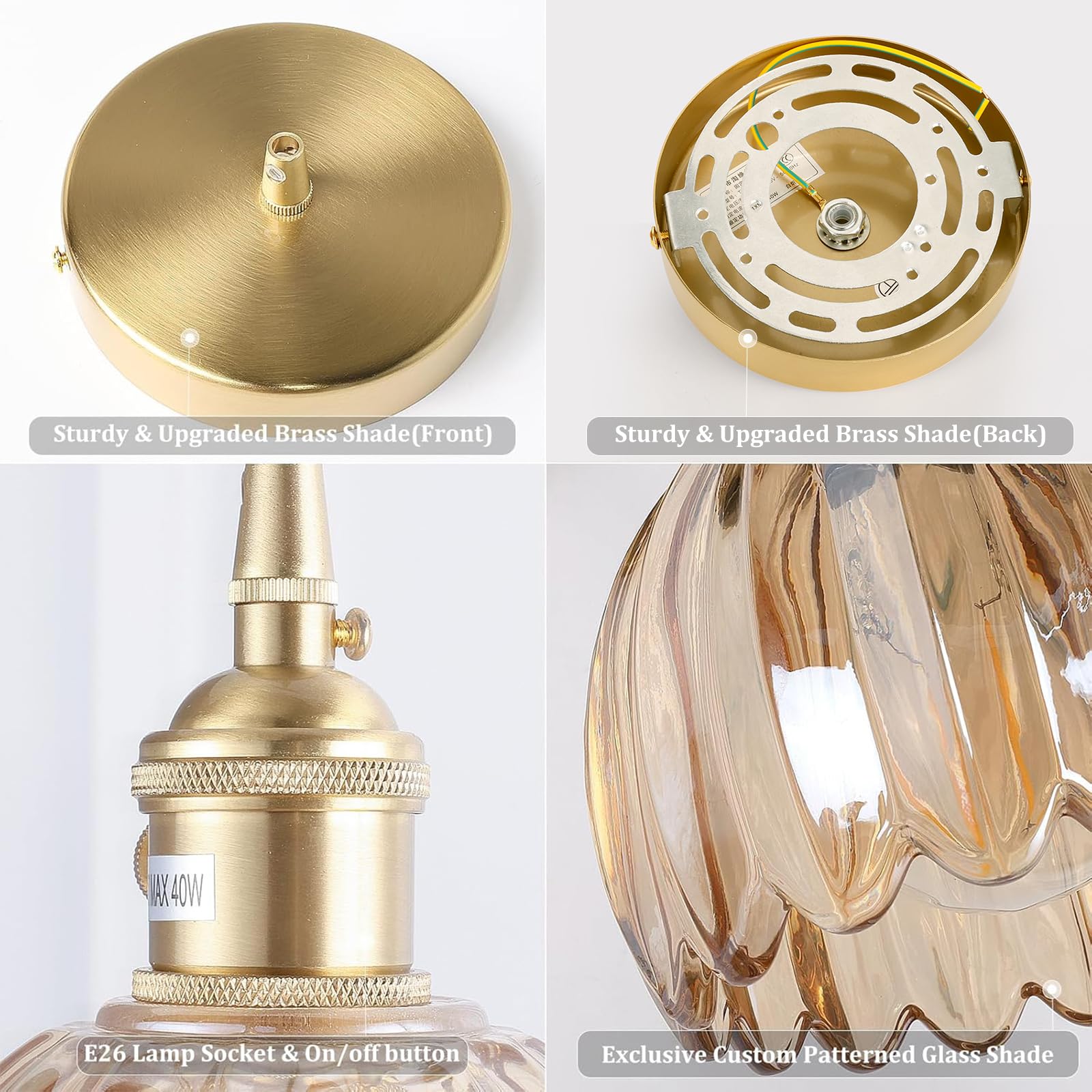 Shenmoyl Mini Pendant Light 2 Pack With Amber Tulip Glass Lmapshade, Brass Vintage Pendant Light Adjustable Hanging Light For Ki