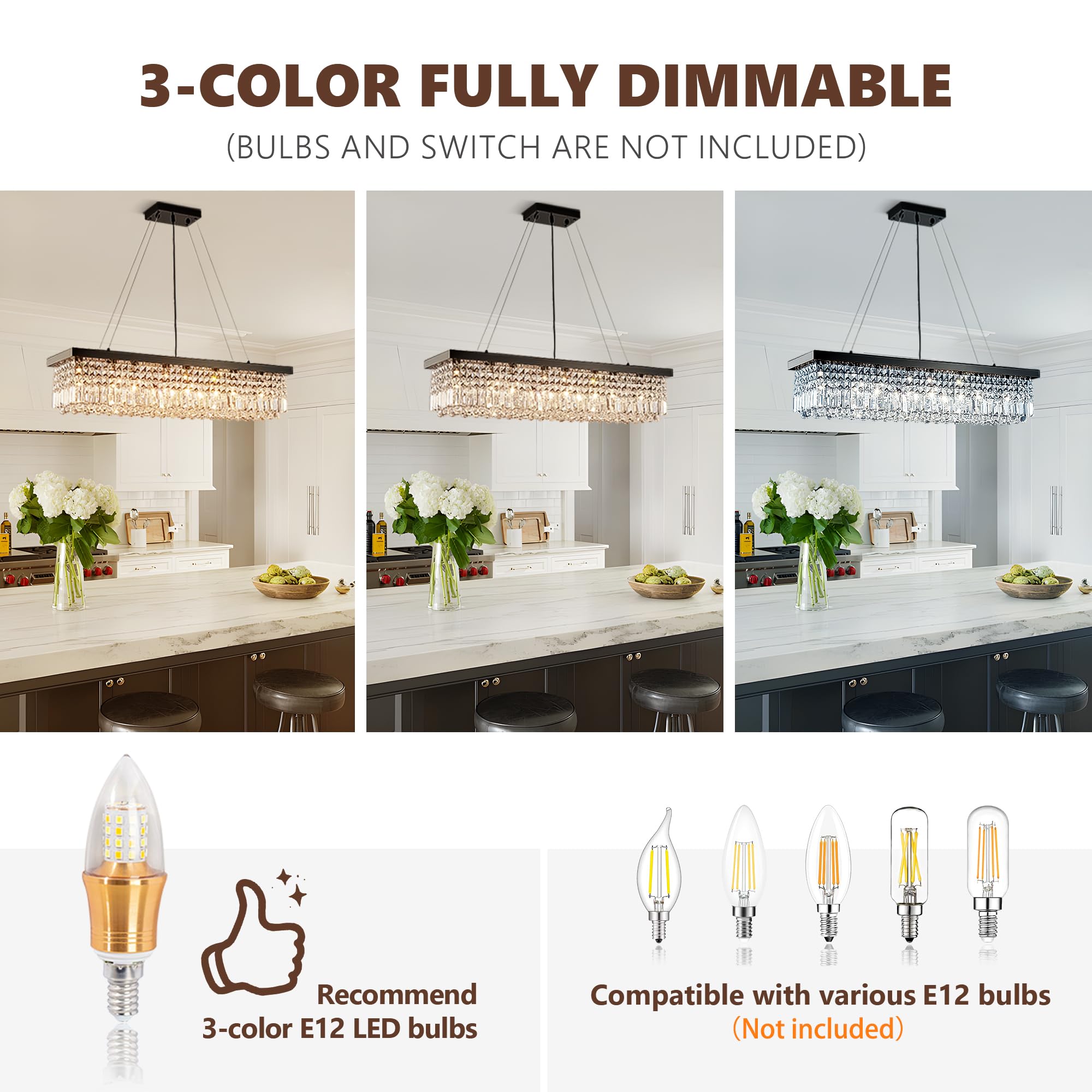 Tinkoso Modern Crystal Chandelier For Dining Room,10-Light Black Rectangle Pendant Ceiling Light Fixture For Kitchen Island Bar,