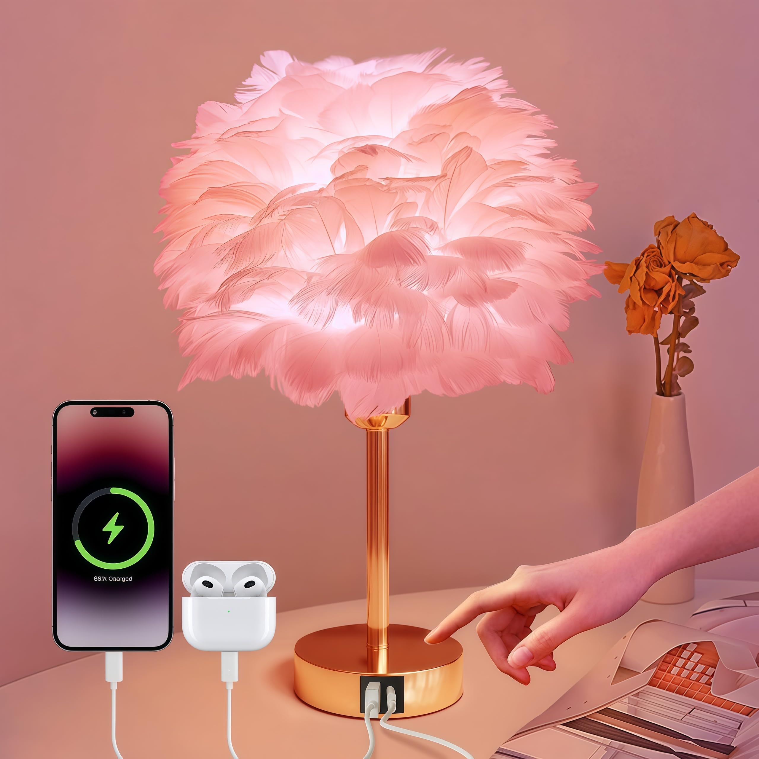Nowepai Smart Touch Control Bedside Table Feather Lamp Night Light with USB Charging for Girl, Baby, Alexa Voice Compatible, 9W 