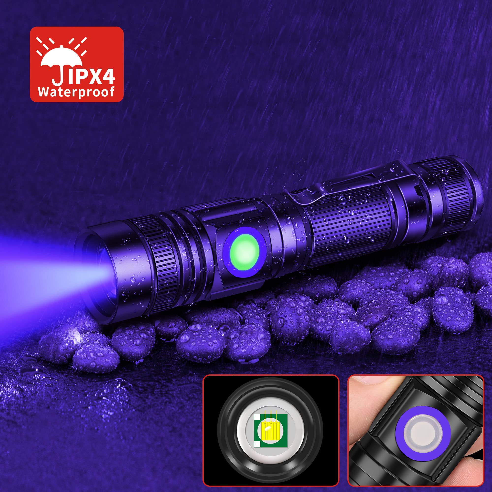 DARKBEAM UV 365nm Rechargeable Flashlight - Portable Blacklight for Pet Urine Detection, Resin Curing, Anti-Counterfeit - Aluminum, Black