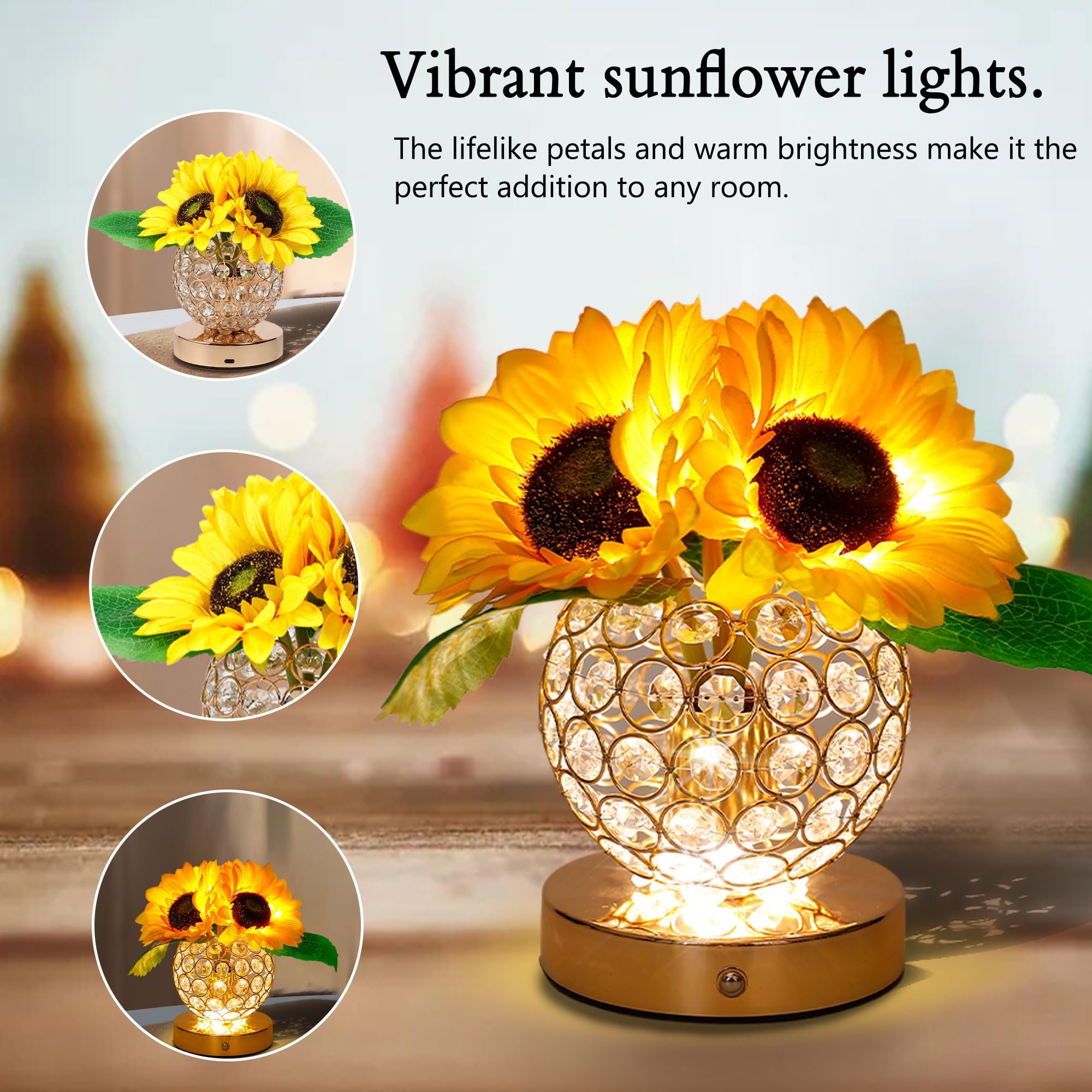 Silk Sunflower Crystal Vase Led Lamp For Womens Gifts, For Womens Mom Dughter Wife Friends Girlfriend Her Valentines Anniversary